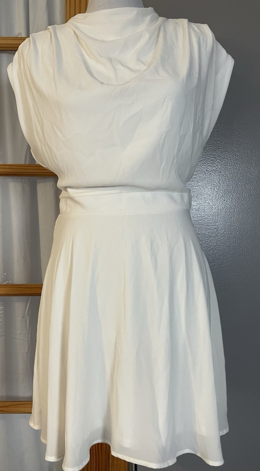 90s Y2K Express A-Line Dress Sz 6 Ivory Satin High Neck Minimalist Party Coastal