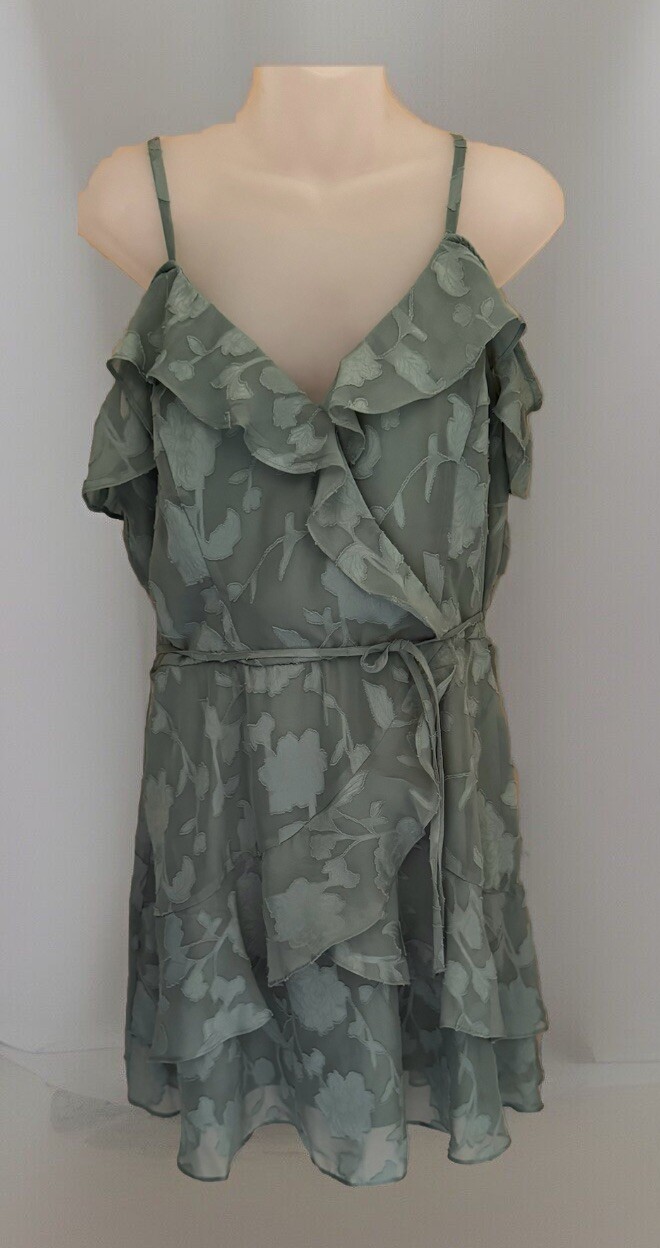 BCX Dress Lined Belted Ruffle V-Neck Off the Shoulder Spaghetti Strap Dress Sz L