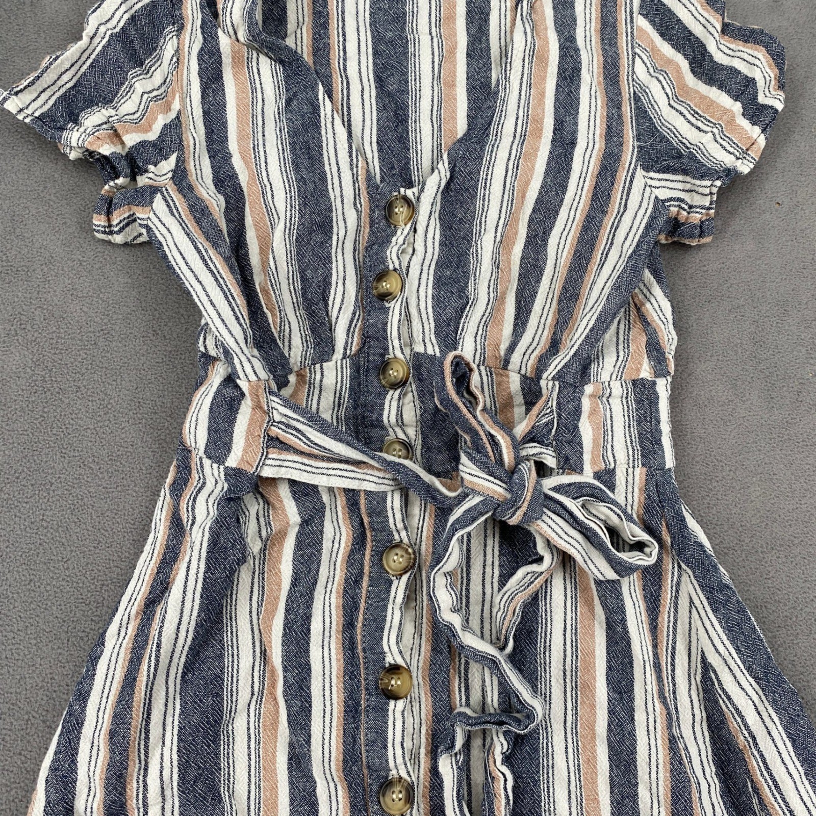 Cotton On Striped Button Front Tie Waist Midi Dress Blue Tan XS