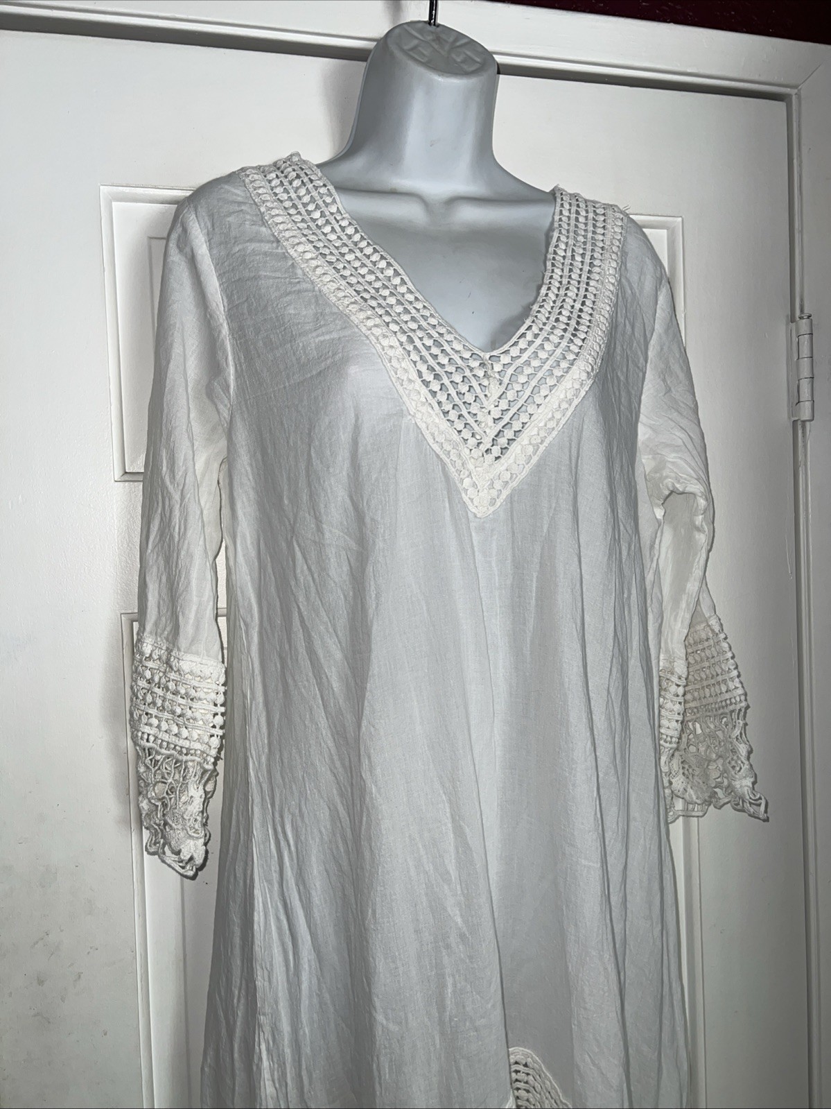Cute Options White Boho Peasant Dress – Size M Crochet Cotton