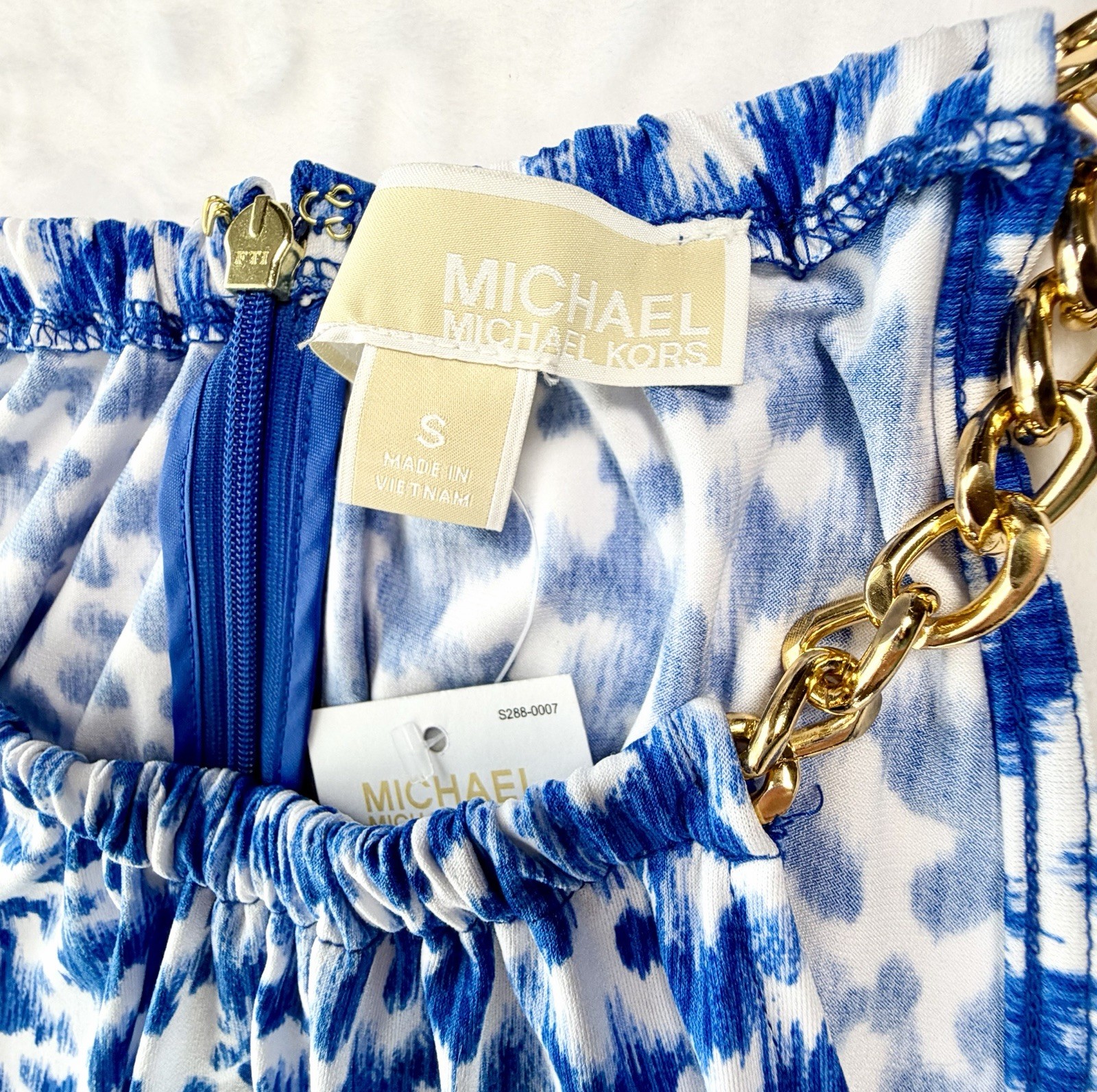 NWT MICHAEL Michael Kors Gold Chain Neck Halter Dress Twilight Blue Abstract S