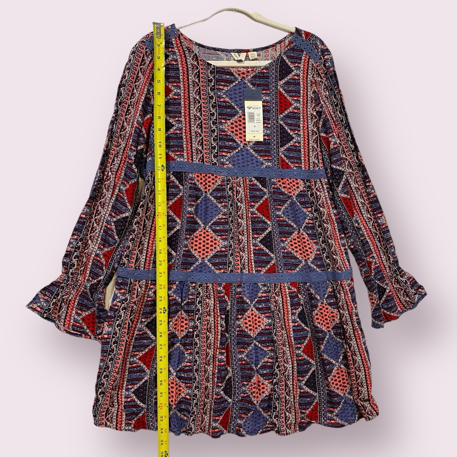 Roxy Womens Lace Inset Ruffle Sleeve Dress Size Medium Peasant Boho Chic NWT
