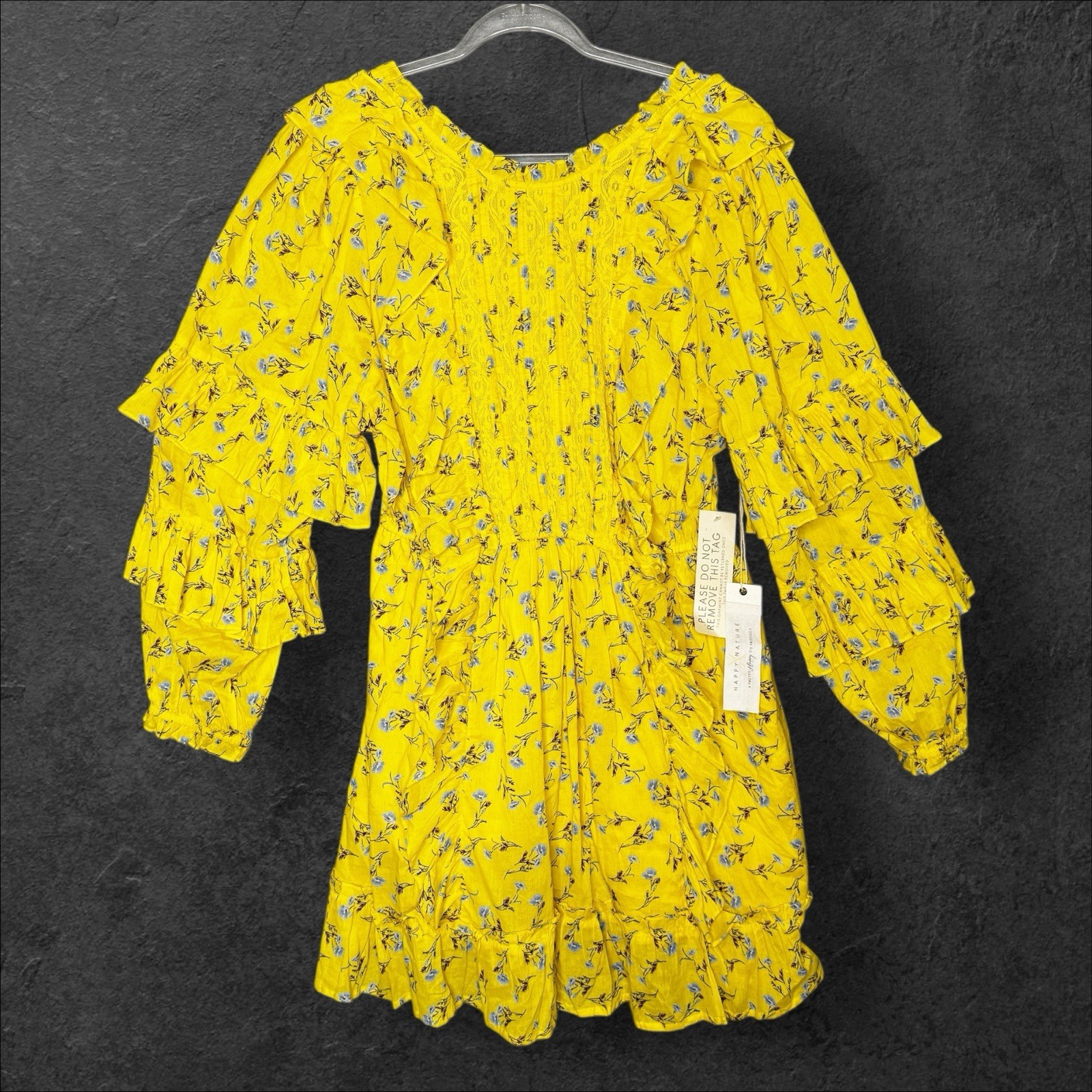 Happy Nature Women’s Size M Mini Dress Yellow Floral Ruffle Long Sleeve Cotton