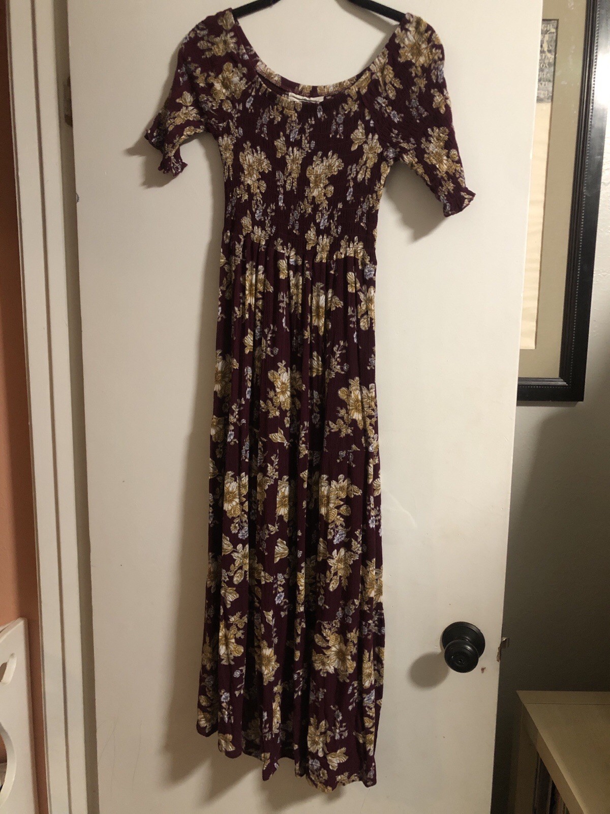 Natural Life XS/S Maroon Dress Yellow Flowers Rayon Maxi Good Condition