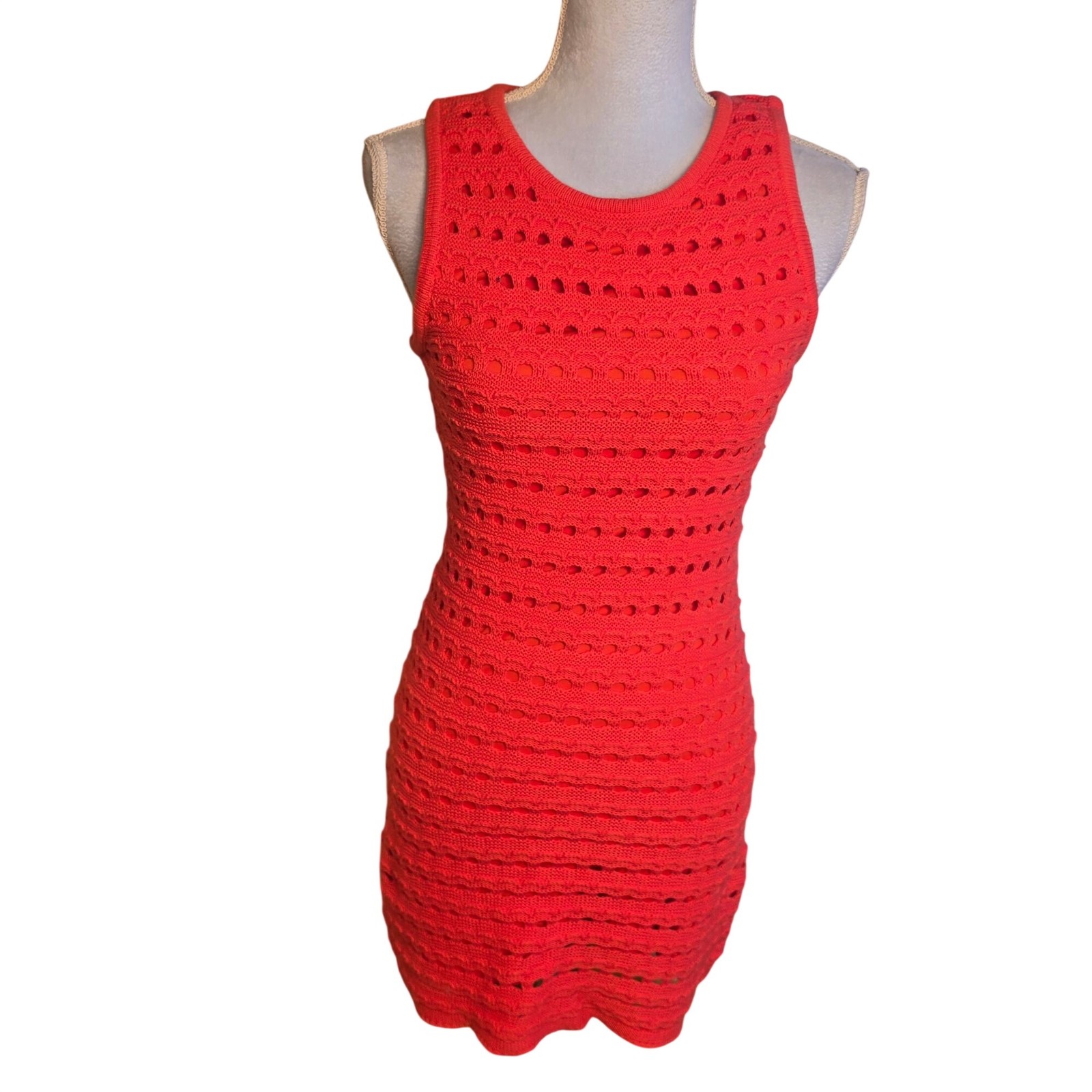 Lulus Crochet Knit Tank Dress Sleeveless Mini Bright Red Cotton Blend