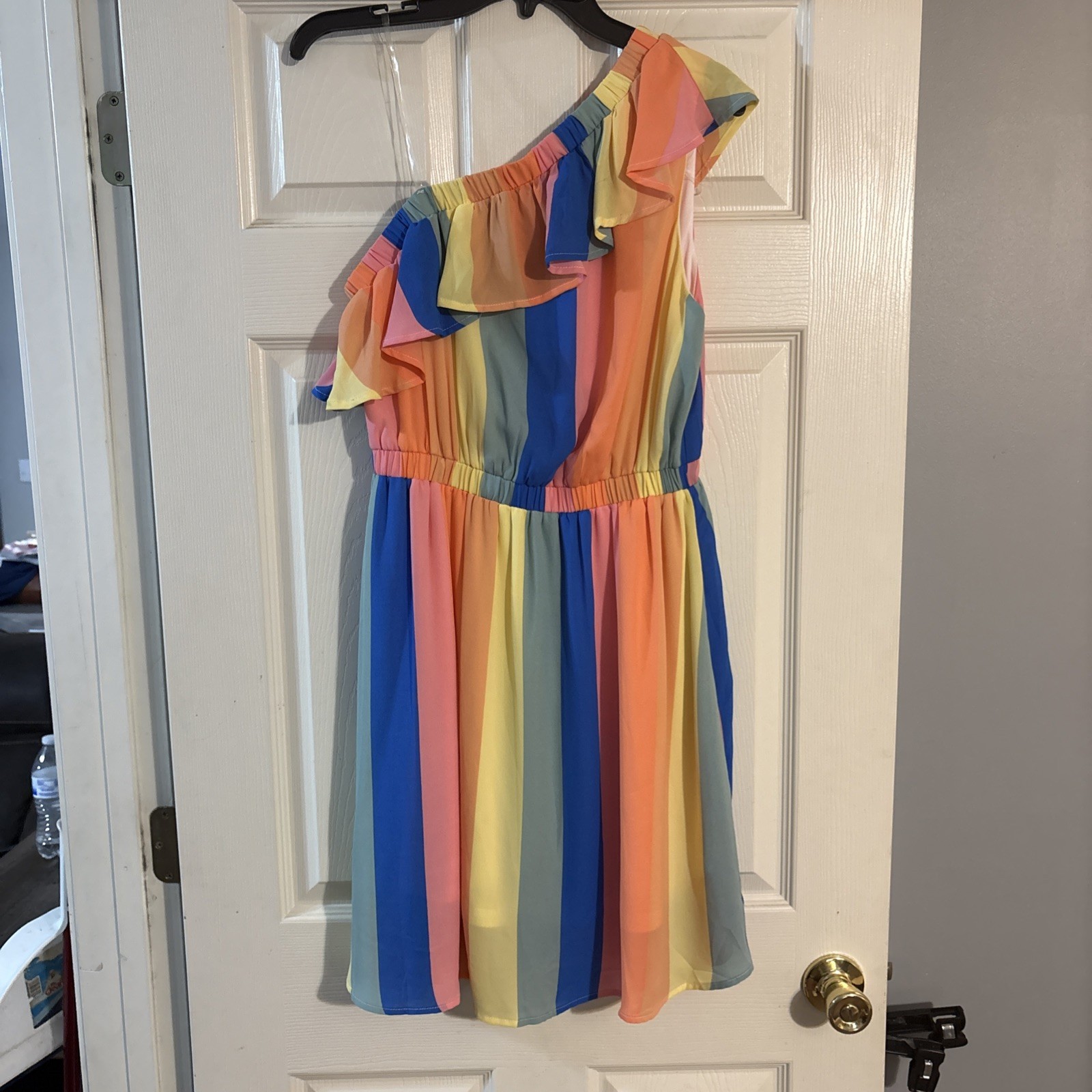 Emily Wonder/Andree Rainbow Colorful Ruffled One Shoulder Striped Dress Sz M