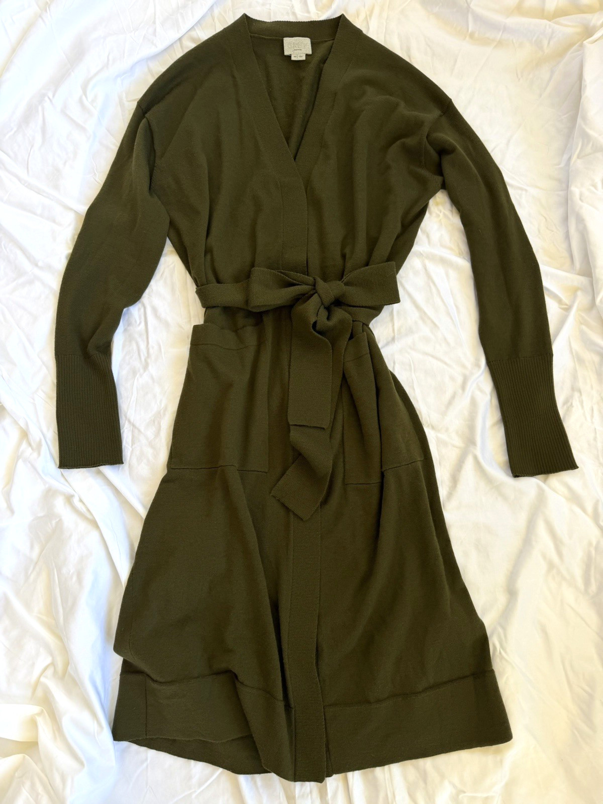 Grey Jason Wu Women Green 100% Wool Knit Belted Button Sweater Dress Preppy M