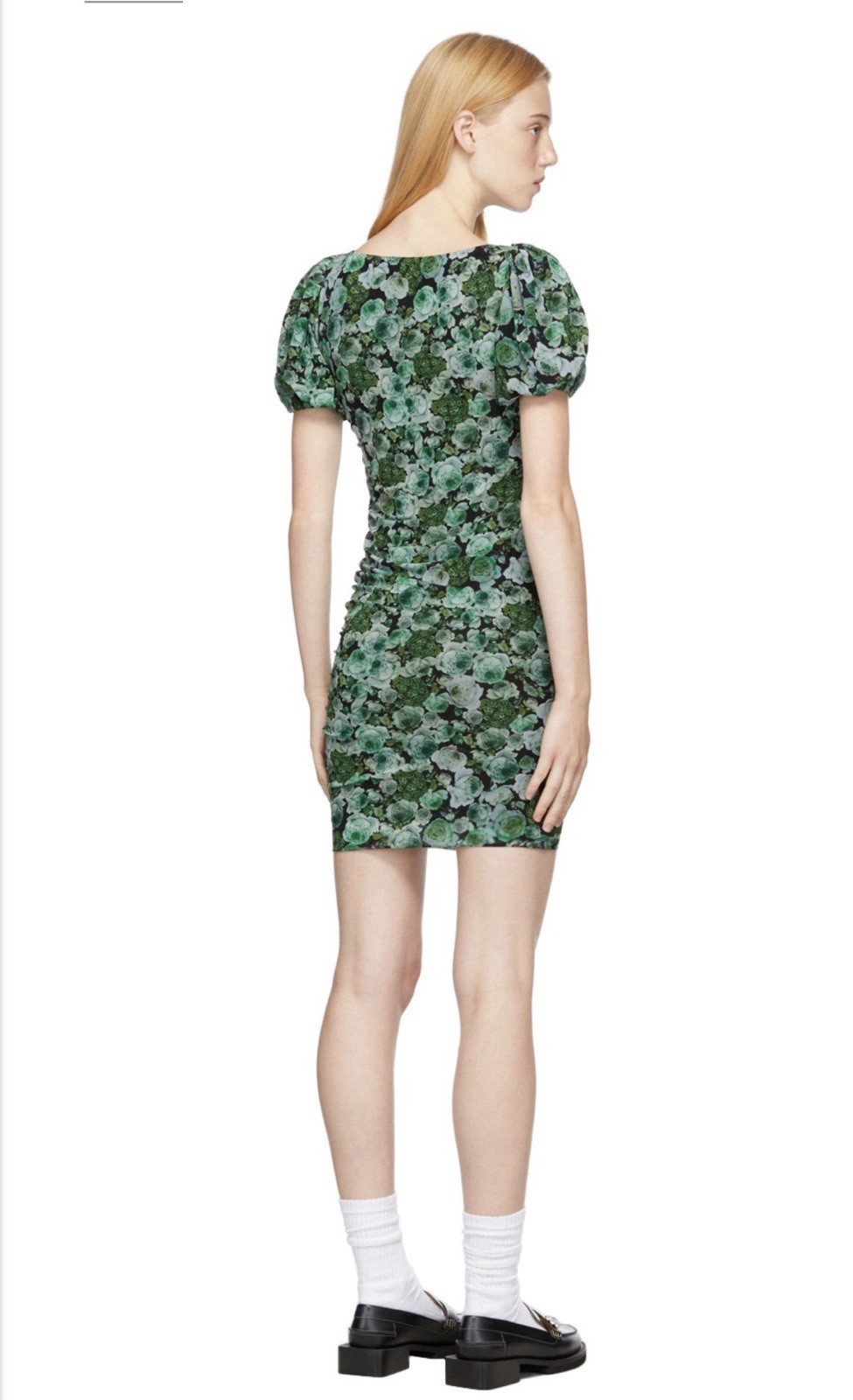 Ganni Green Floral Ruched Mesh Mini Dress Short Puff Sleeve 38