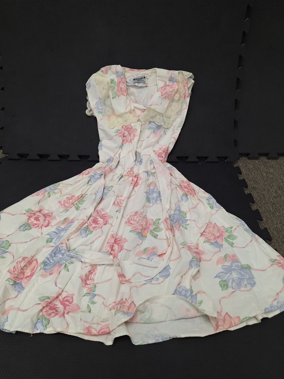Joni Blair A-Line Floral V-Neck Button Lace Trim Midi Dress S White Pink