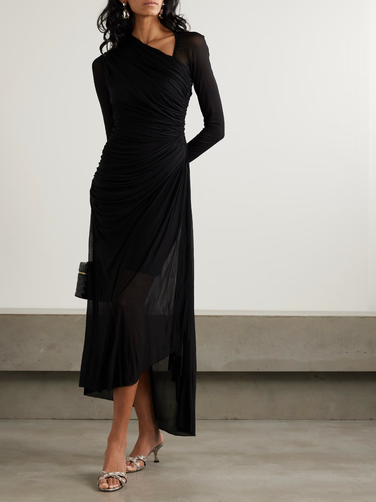 NWT $995 ZIMMERMANN Illustration Asymmetric Ruched Mesh Midi Dress 1-AU 6-US