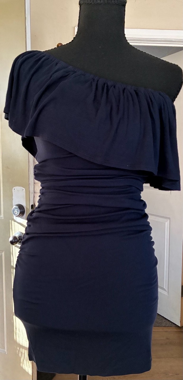 LAmade Navy Ribbed Off-Shoulder Ruffle Ruched Bodycon Mini Dress-Size S-NWT