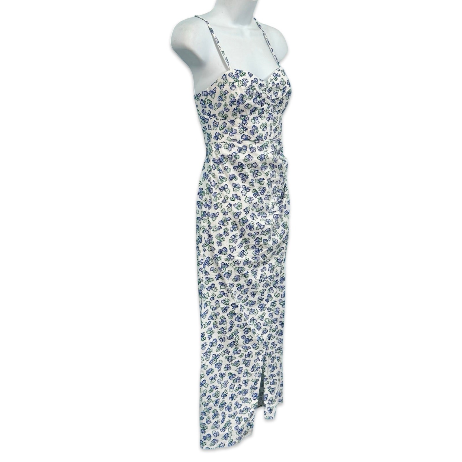 Zara White Blue Green Floral Cross Strap Front Slit Midi Dress size XS NEW Tags