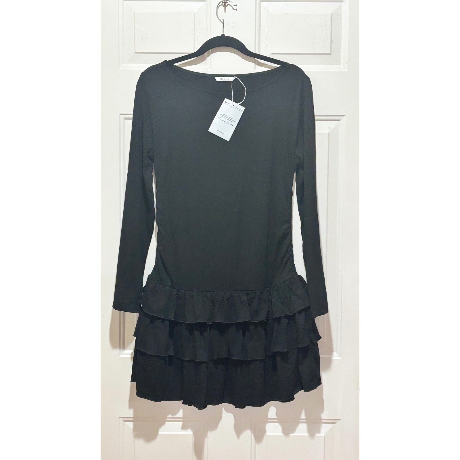 Wenrine Womens Black Long Sleeve Tiered Ruffle Mini Dress Boat Neck Size L