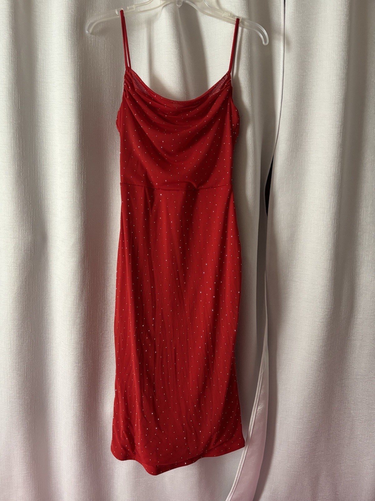 Women’s Red Glitter Mesh Cowl Neck Backless Spaghetti Strap Slip Midi S