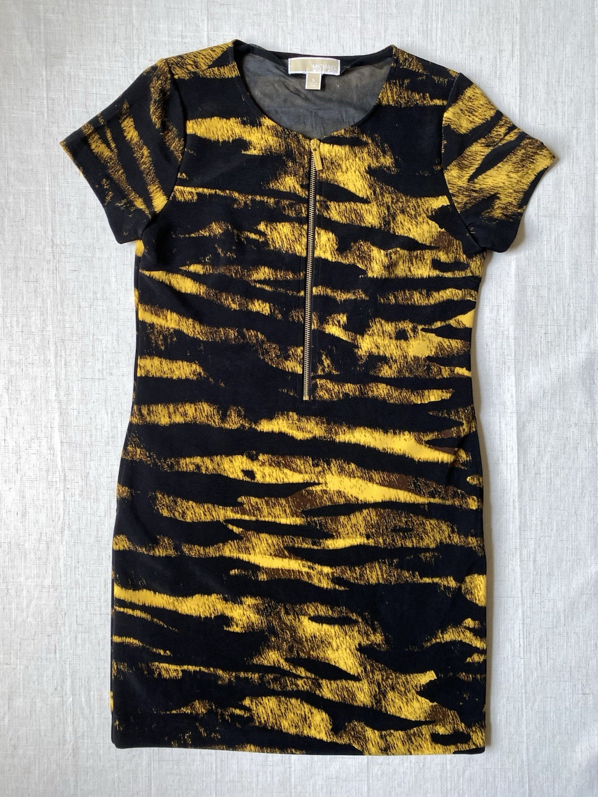 Michael Kors Tiger Stripe Bodycon Dress Small Black Yellow Animal Print Mesh Zip
