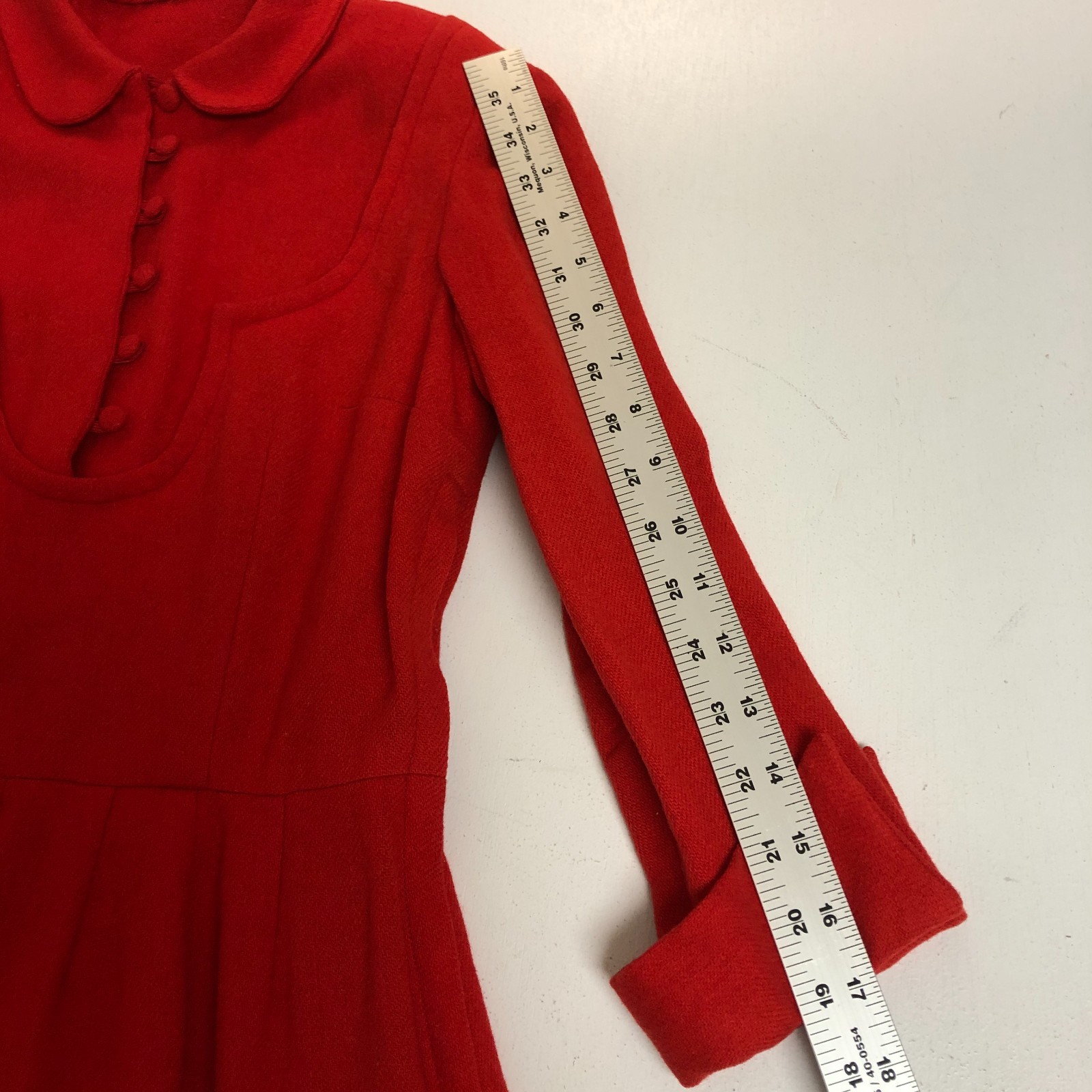 authentic 1930’s Fit & Flare Wool Dress Sz S Covered Buttons 3/4 Sleeve