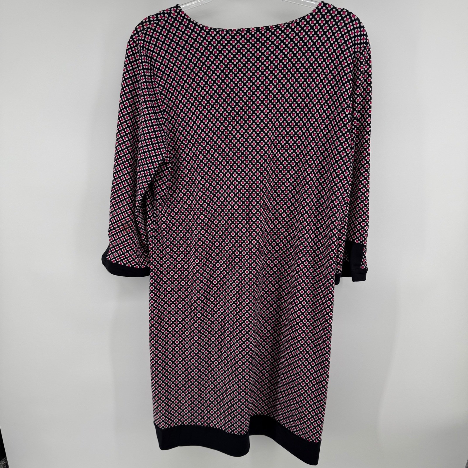Ann Taylor Dress Size L Geometric Print V Neck 3/4 Sleeve Black Pink White