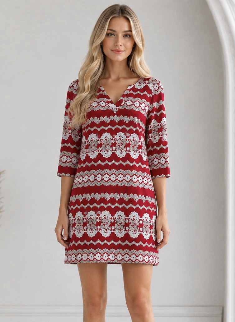 Womens Pink Floral Jacquard Shift Dress Size Medium V Neck Jersey Stretch