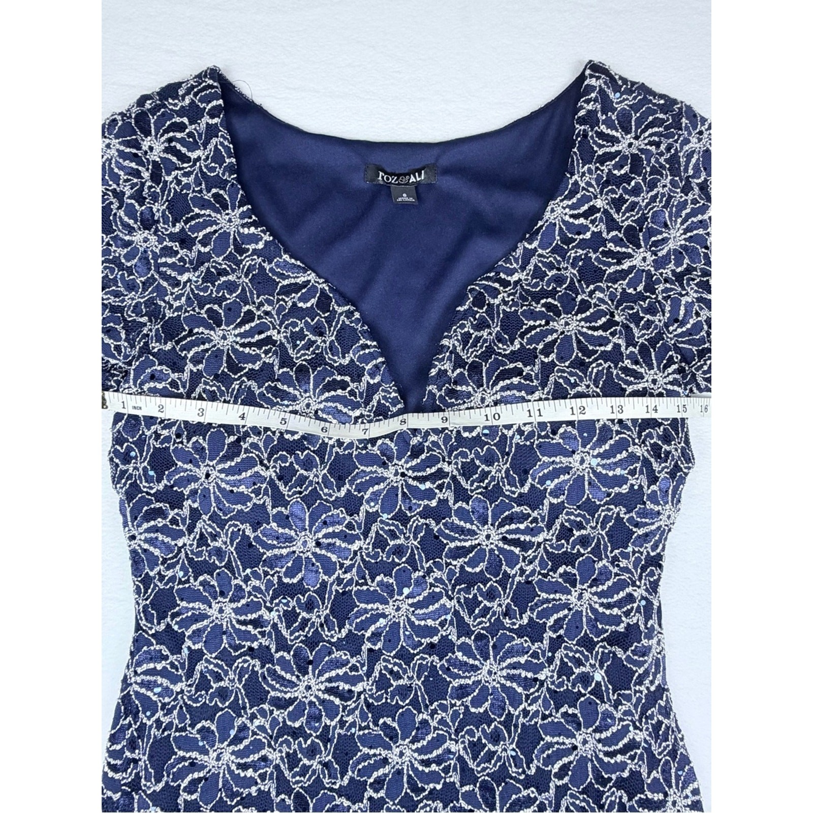 Roz & Ali Navy Blue Floral Lace Sequin Sheath Dress Size 6