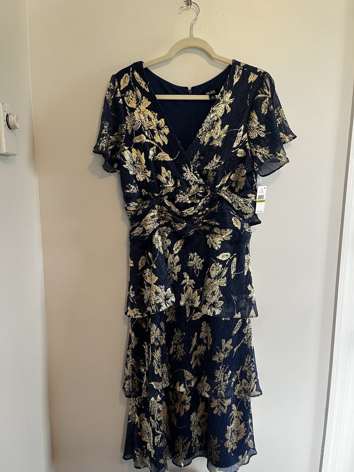 SLNY Fashions New York Blue & Gold Floral 3 Tiered 60 % Metallic Dress, 14