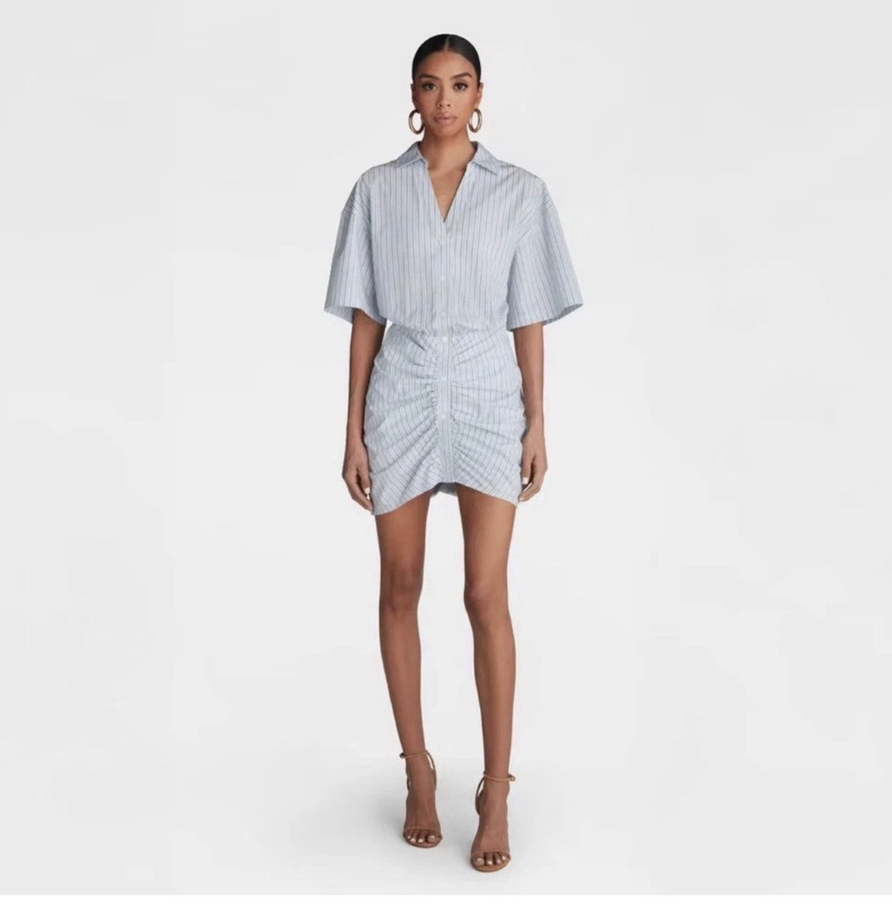 KBB by Kahlana Blue/White Striped Ruched Short Sleeve Shirt Dress XL
