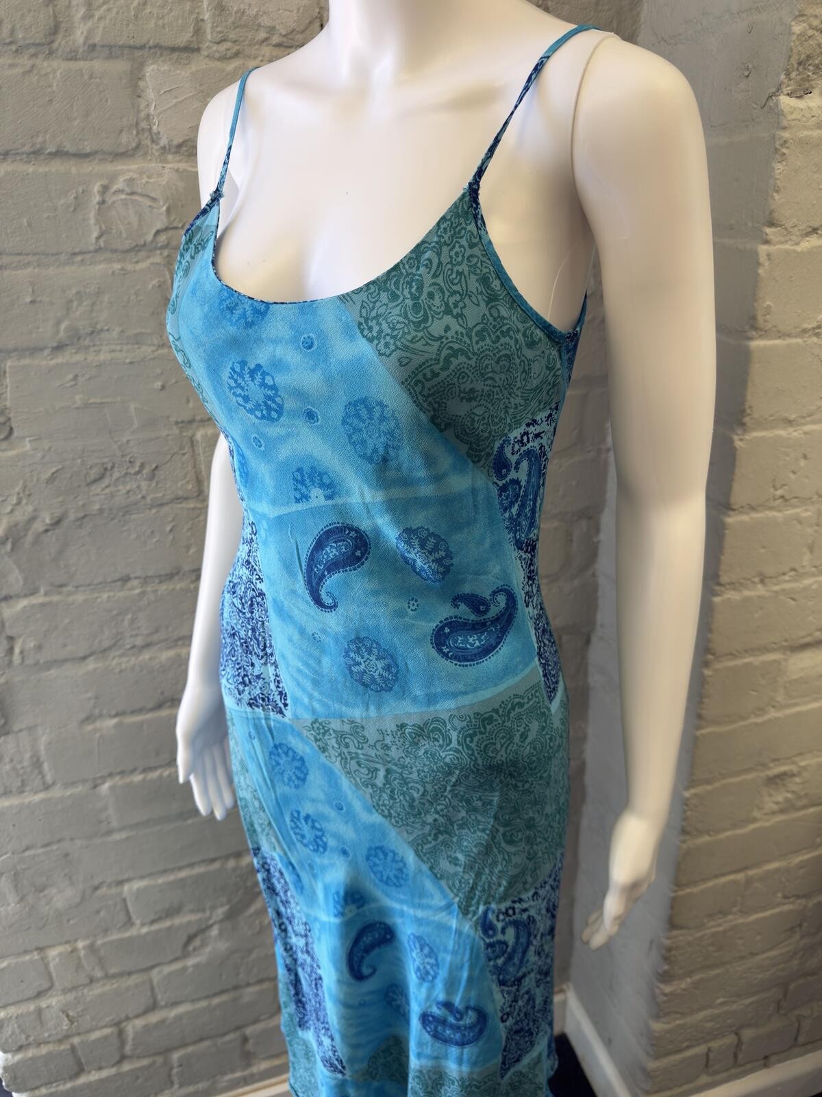 Amaranto Blue Paisley Patchwork Slip Dress with Spaghetti Straps