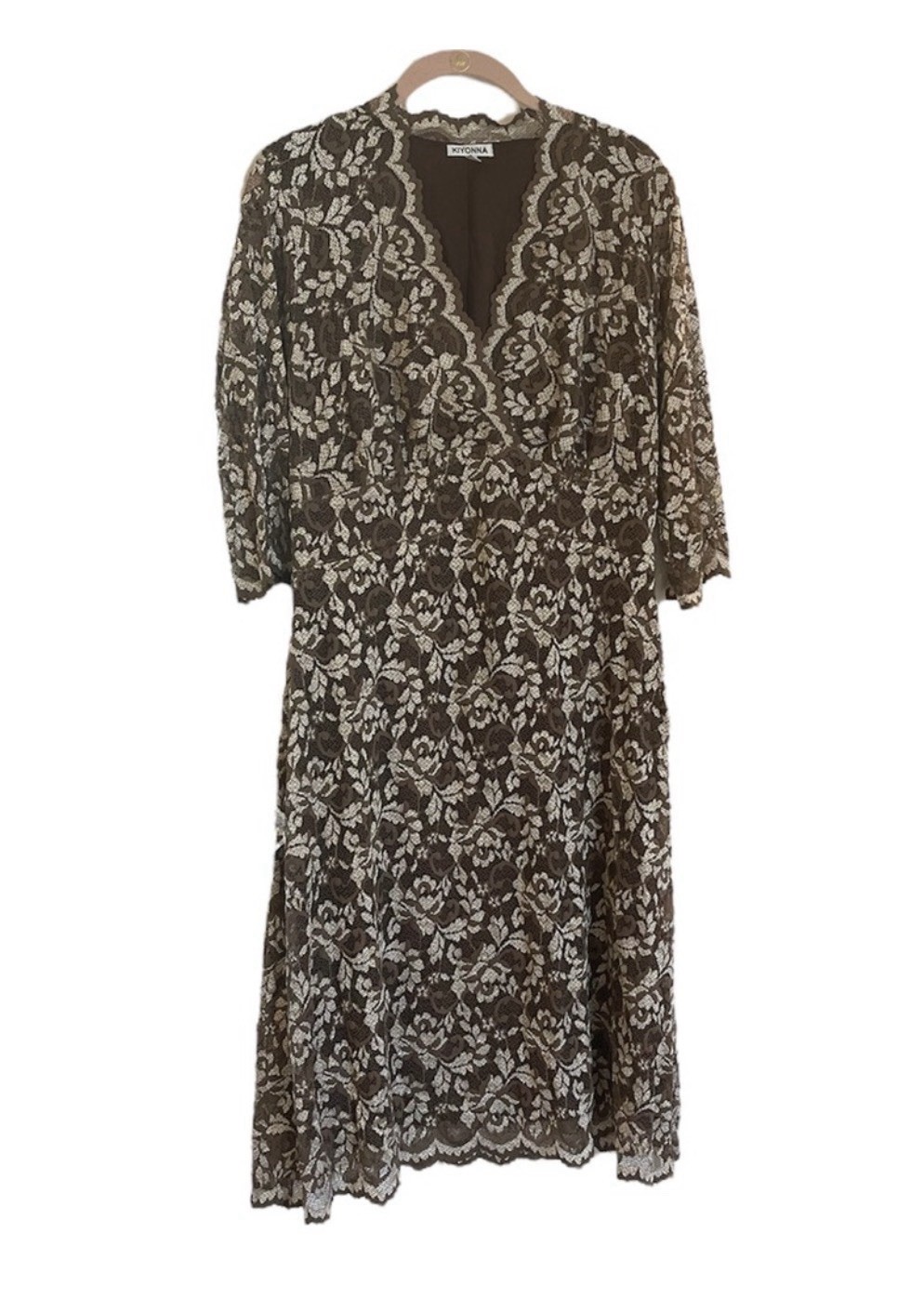 NWT Kiyonna Black/Beige Floral Lace V-Neck 3/4 Sleeve Midi A-Line Dress Lined