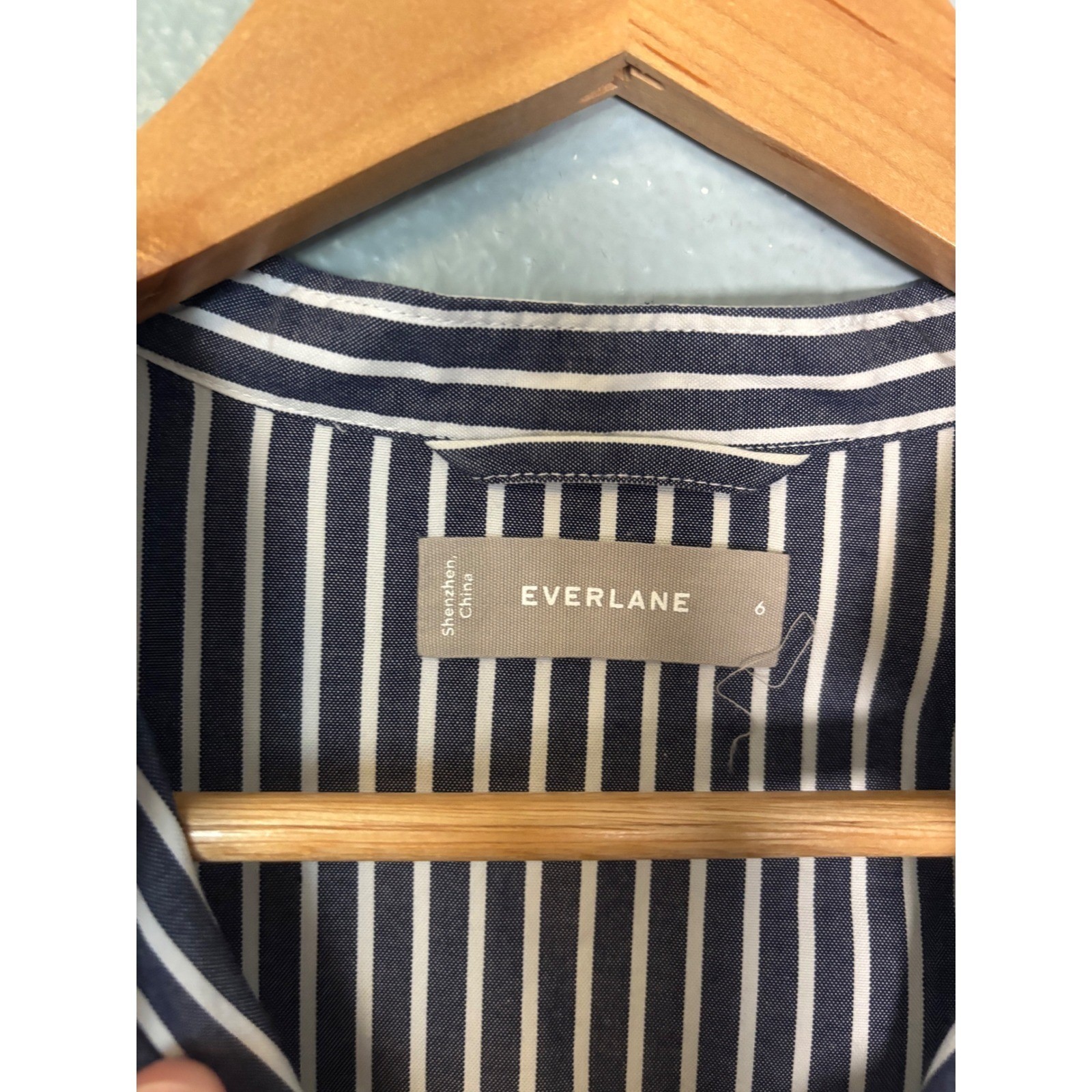 Everlane Womens Navy White Striped Band Collar Short Sleeve Mini Shirt Dress 6