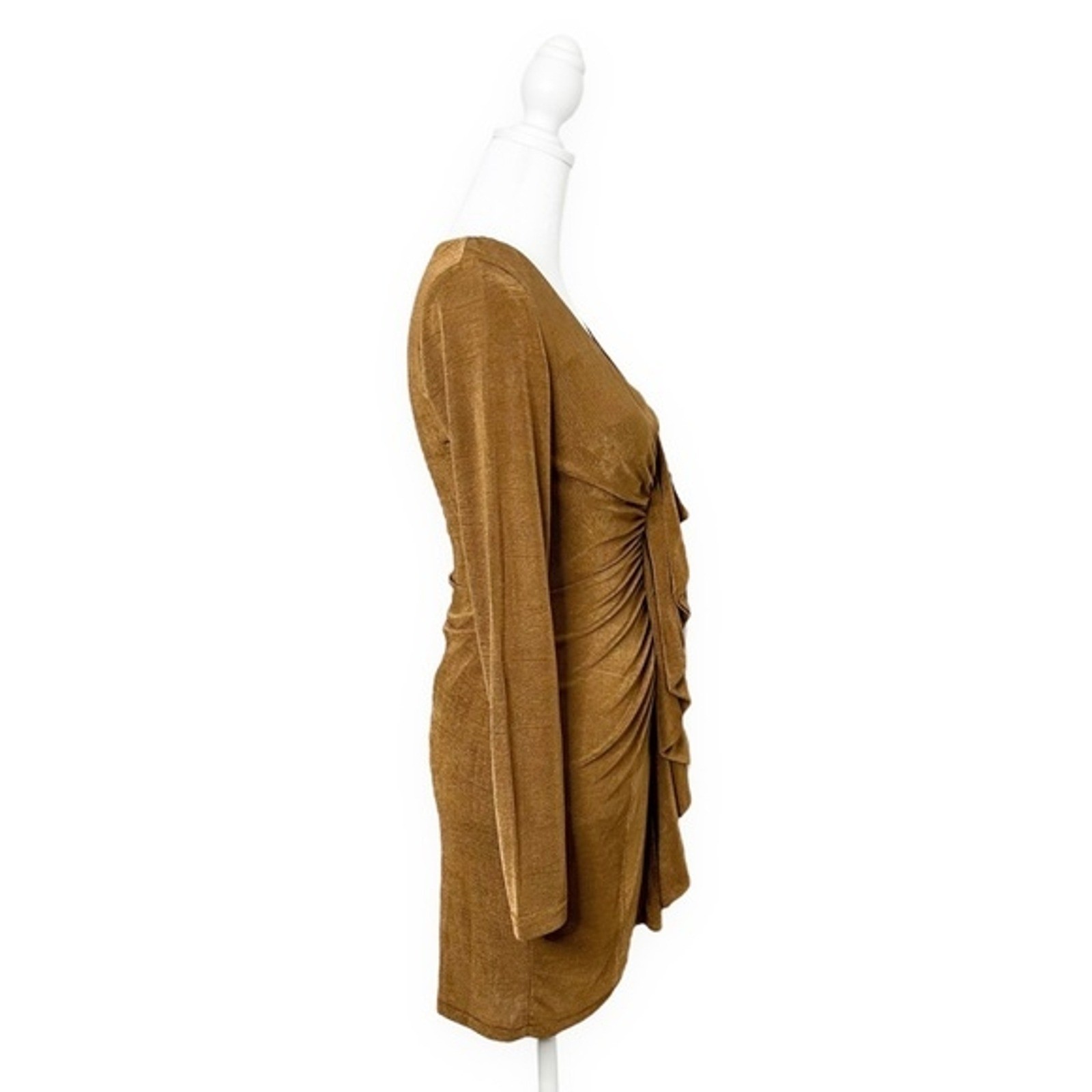Significant Other Gold Ruched Long Sleeve V Neck Bodycon Mini Dress AU 6 US 2