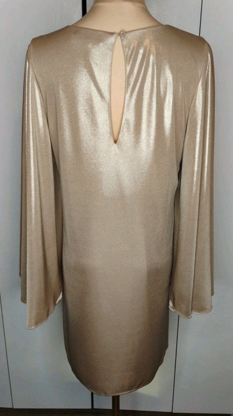 Halston Heritage gold metallic Shift dress Cape Style Sleeve Sz 4