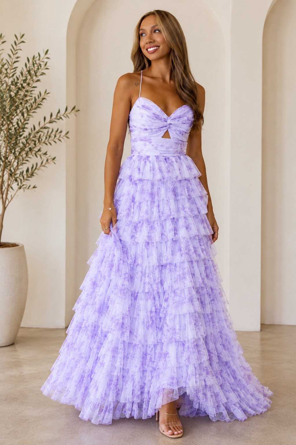 Maniju Tiered Ruffle Maxi Dress M Lavender Floral Crisscross Back Formal Prom