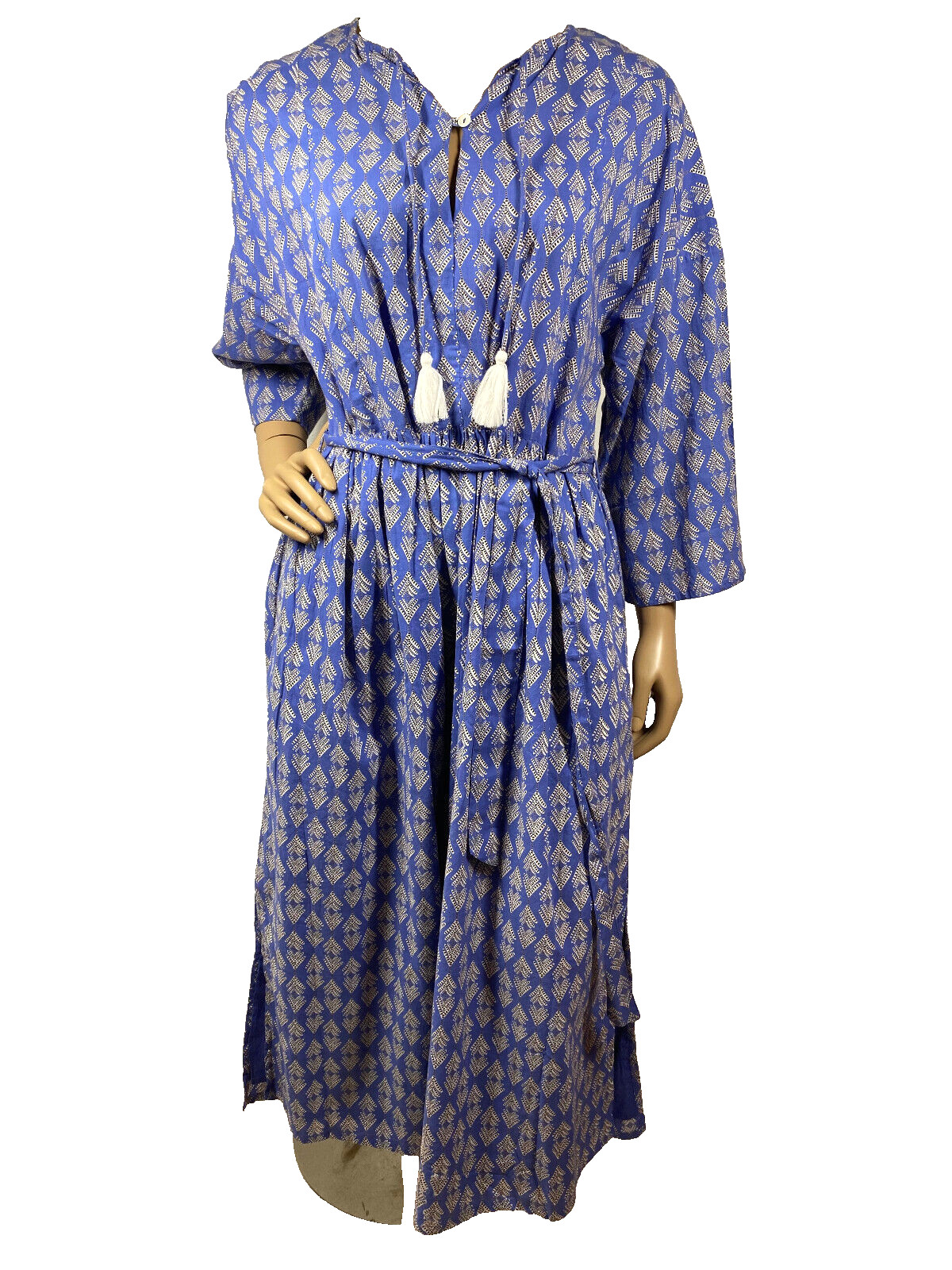 Graymarket Designs Hand Block Printed Dress Size S/M Blue Keyhole Neck Belted
