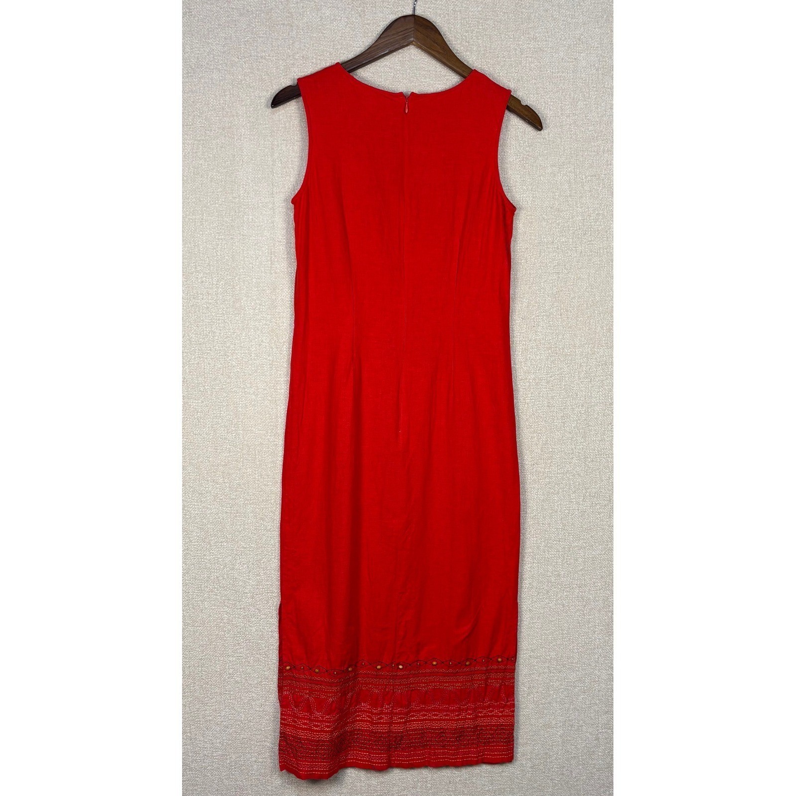 Coldwater Creek Size P8 Red Linen Blend Embroidered Beaded Sheath Midi Dress