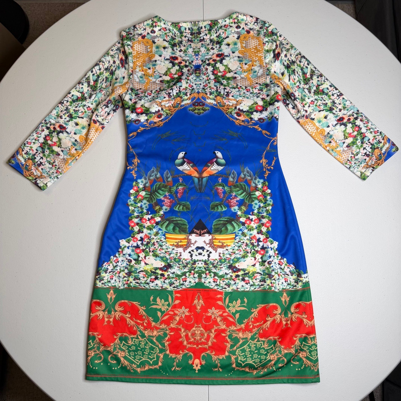 Radzoli Womens Small Blue Floral Bird Baroque Print Wool Blend Long Sleeve Dress