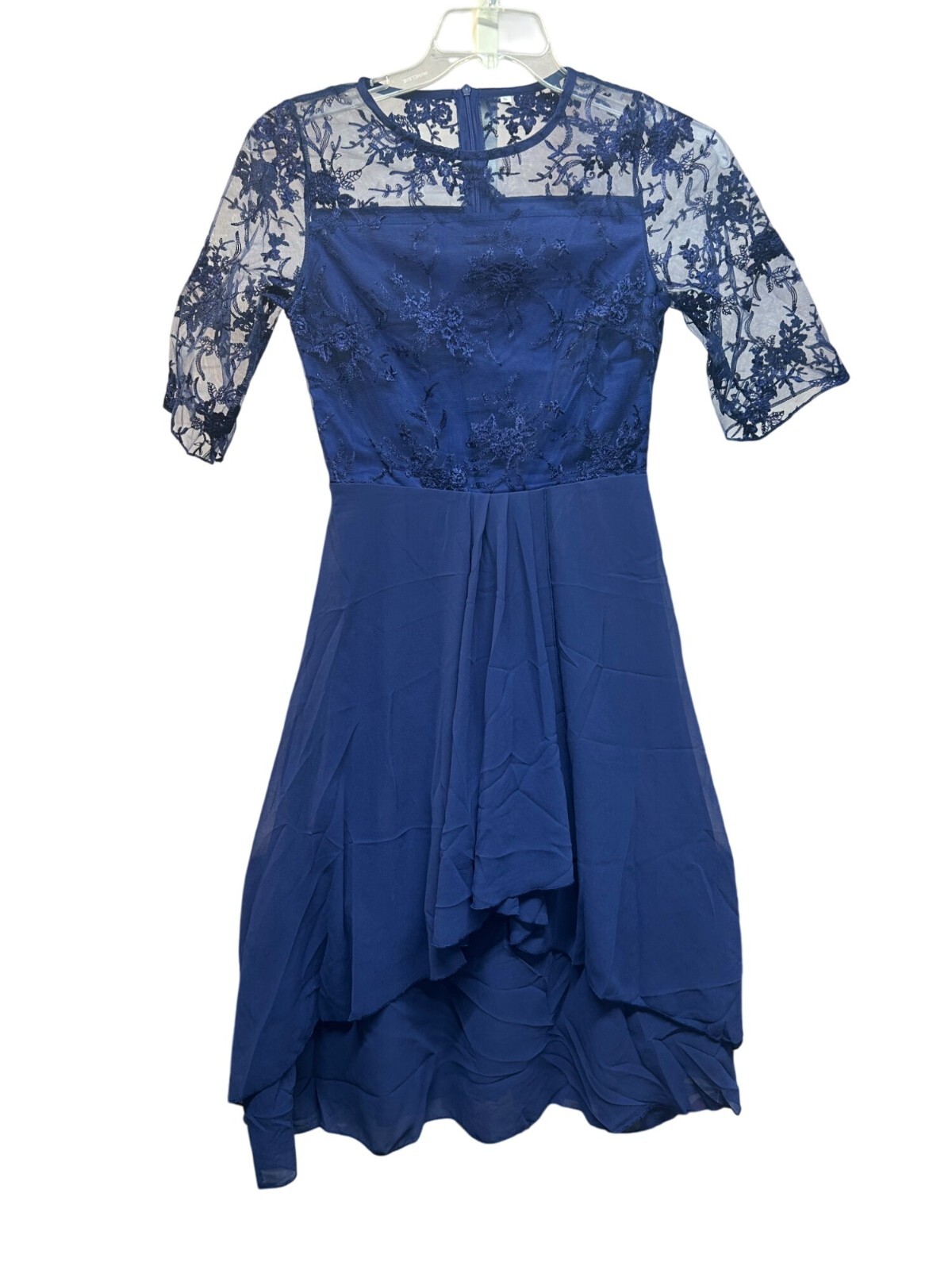 Elegant Blue Lace Overlay Dress Sheer 3/4 Sleeves Floral Embroidery Size Small