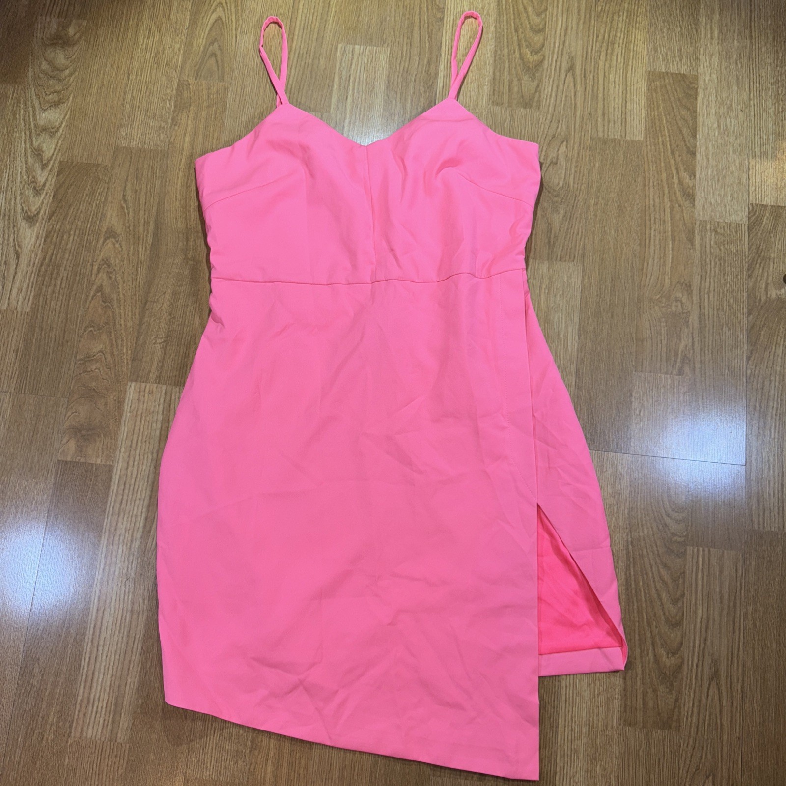 Women’s Asymmetric Sleeveless Dress Sz L Hot Pink Thigh Slit Neon Funky Festival