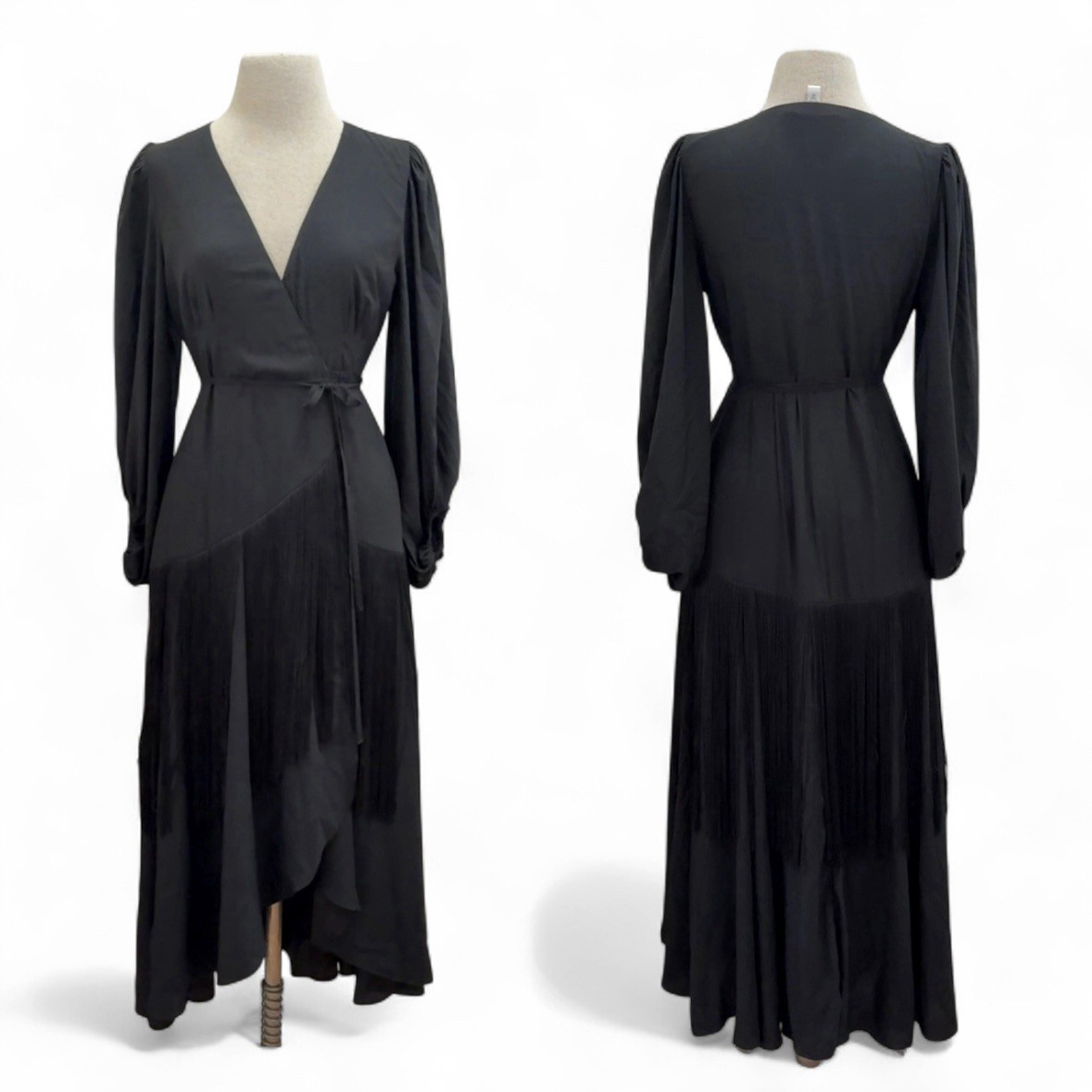 Anthropologie Hutch Black Fringe Wrap Maxi Dress XS/S Dark Romantic Whimsygoth