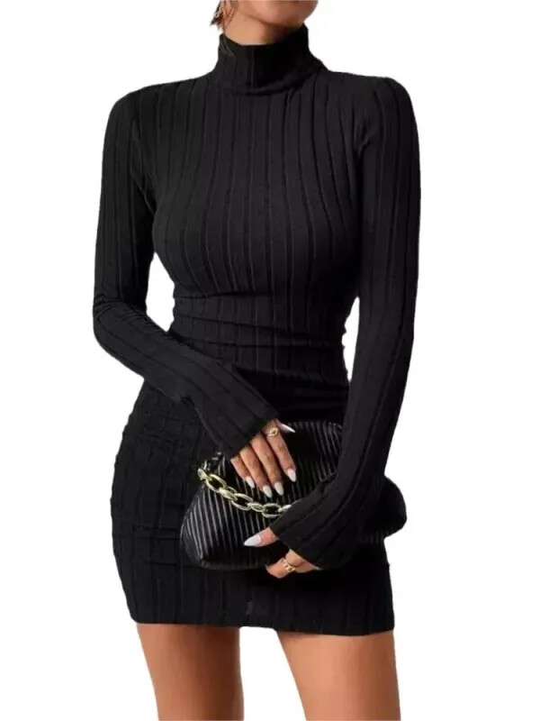 New Solid Dresses Autumn Winter Women Long Sleeves Turtleneck Sexy Bodycon
