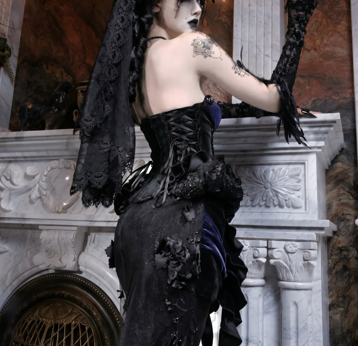 Mourning Day Gothic Beaded Embroidered Fishtail Maxi Dress