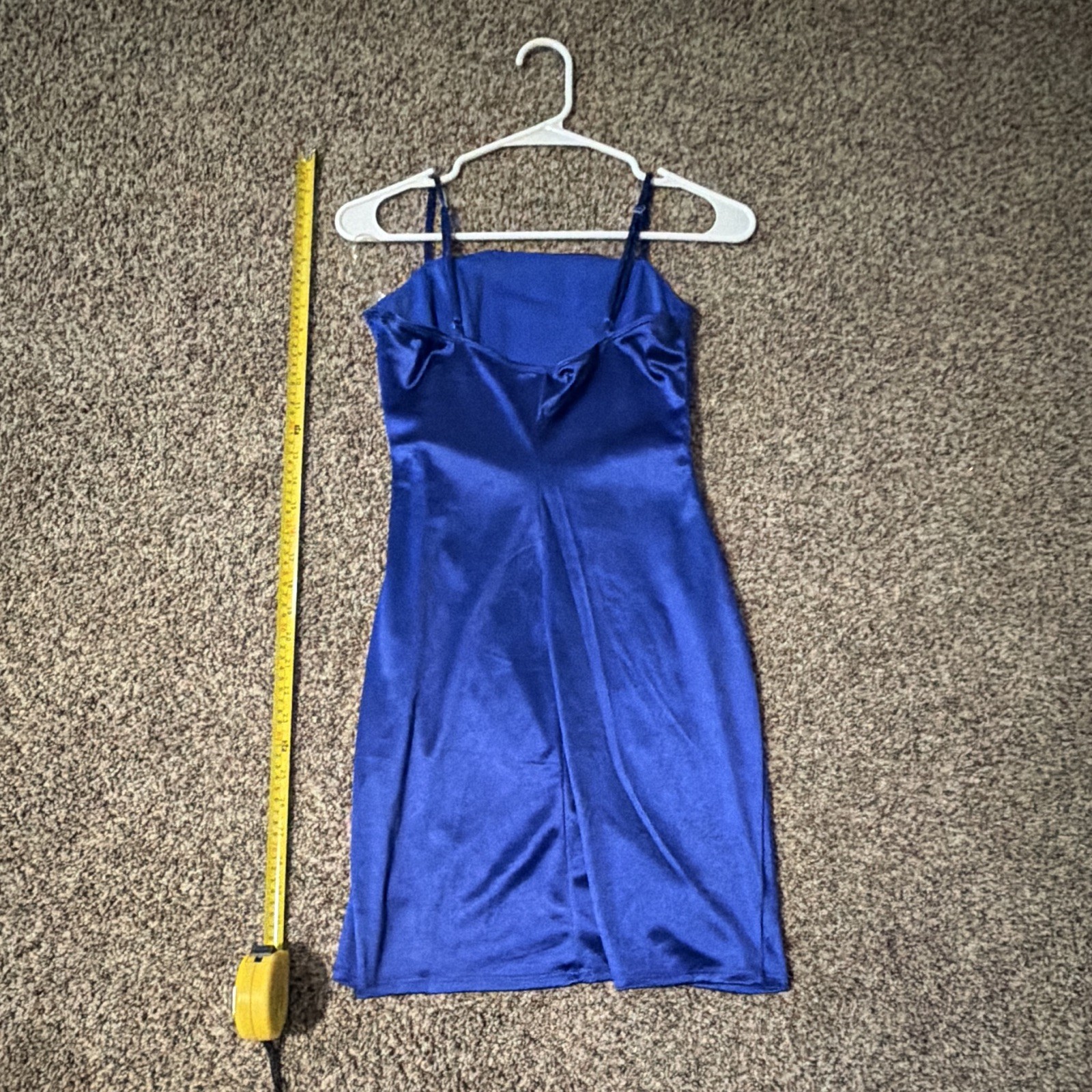 Women’s Blue Satin Slip Mini Dress S Adjustable Spaghetti Straps Ruched