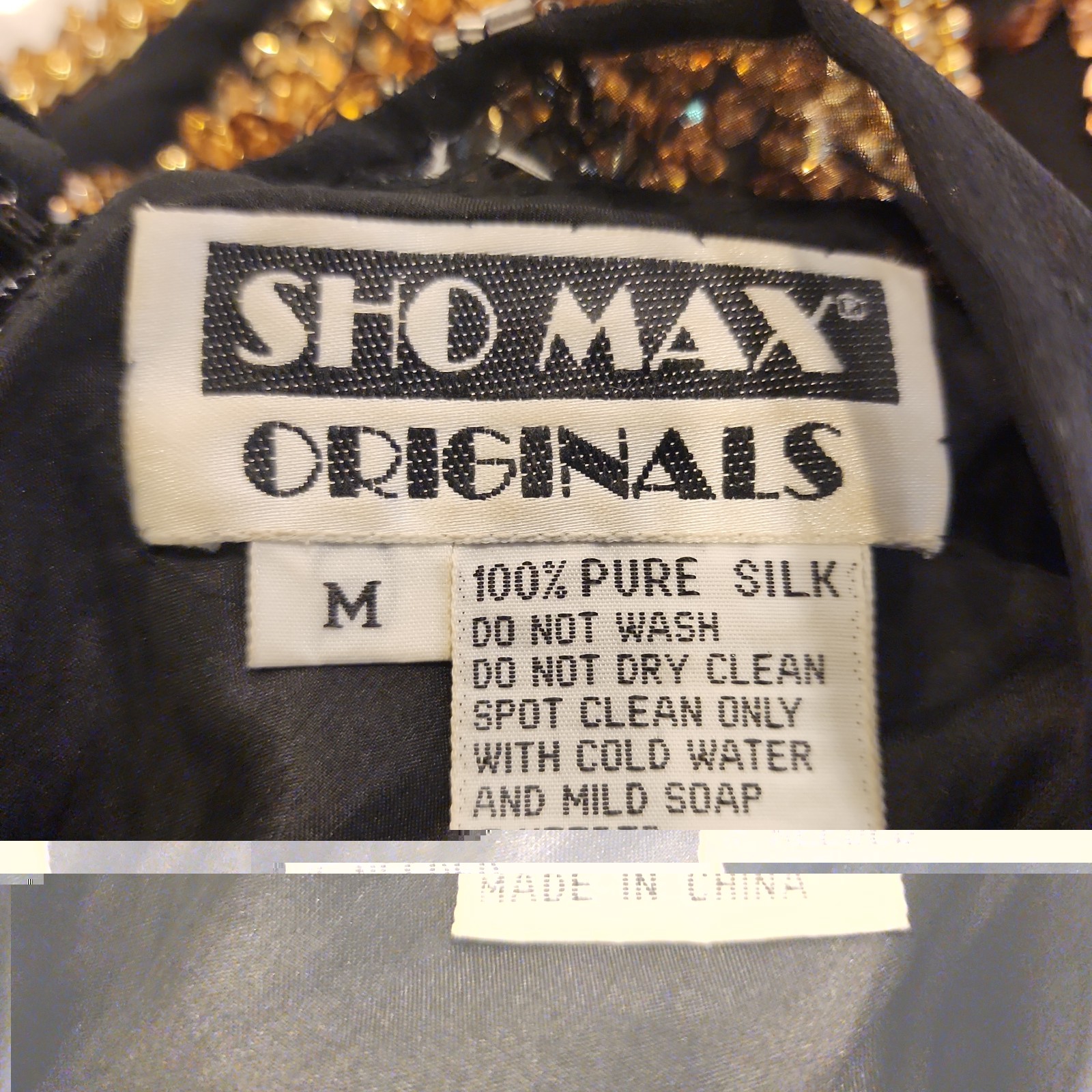 Shomax Originals Sequin Beaded Formal Silk Gown M Black Gold Long Sleeve Fringe