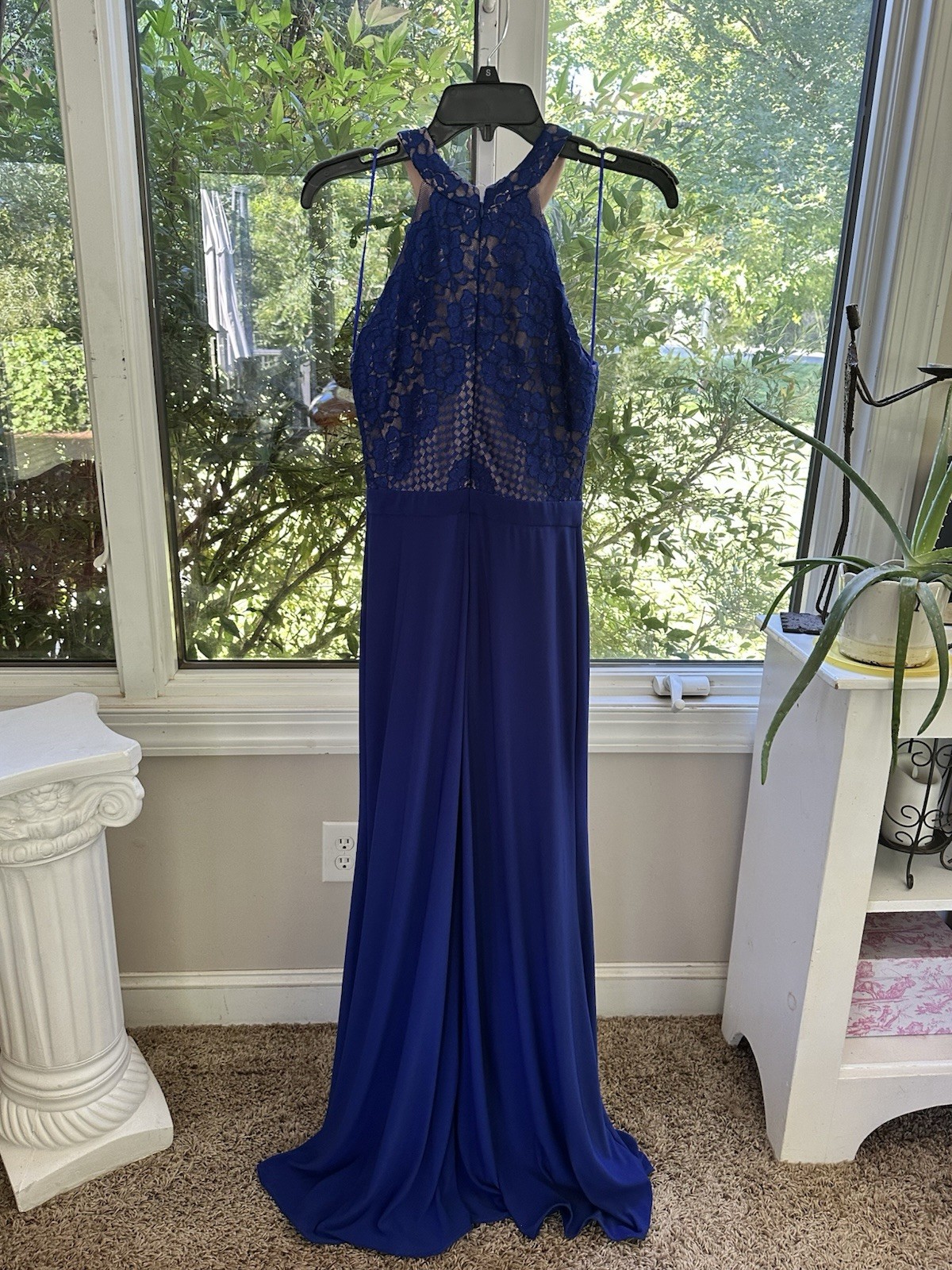 Morgan & Co. Blue Floral Lace Halter Sleeveless Long Gown Zip Sheer S/6
