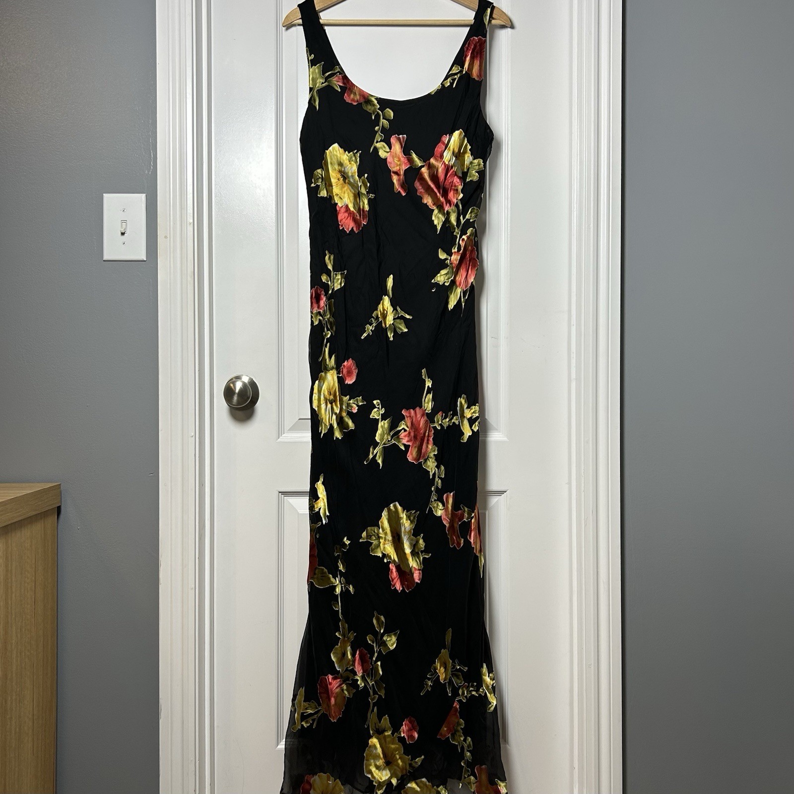 Patra Vintage 90s Silk Rayon Blend Black Painterly Floral Mermaid Maxi Dress