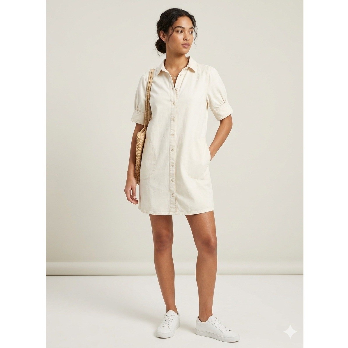 Lilla P Cream Canvas Button Down Shirt Dress Puff Sleeve Mini PA2290 Size L