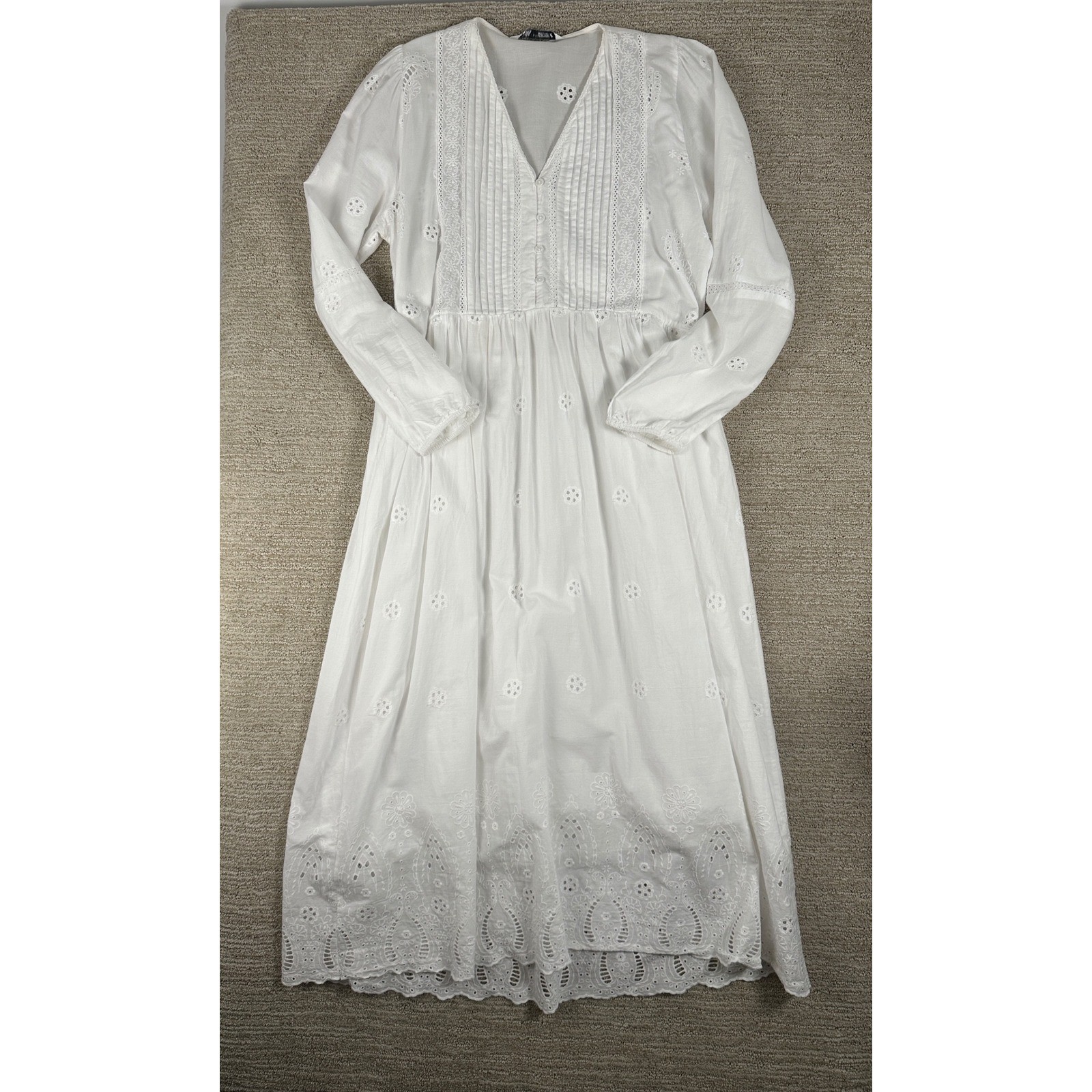 Zara White Eyelet Lace Midi Dress Womens XL Long Sleeve Boho Pintuck V-Neck