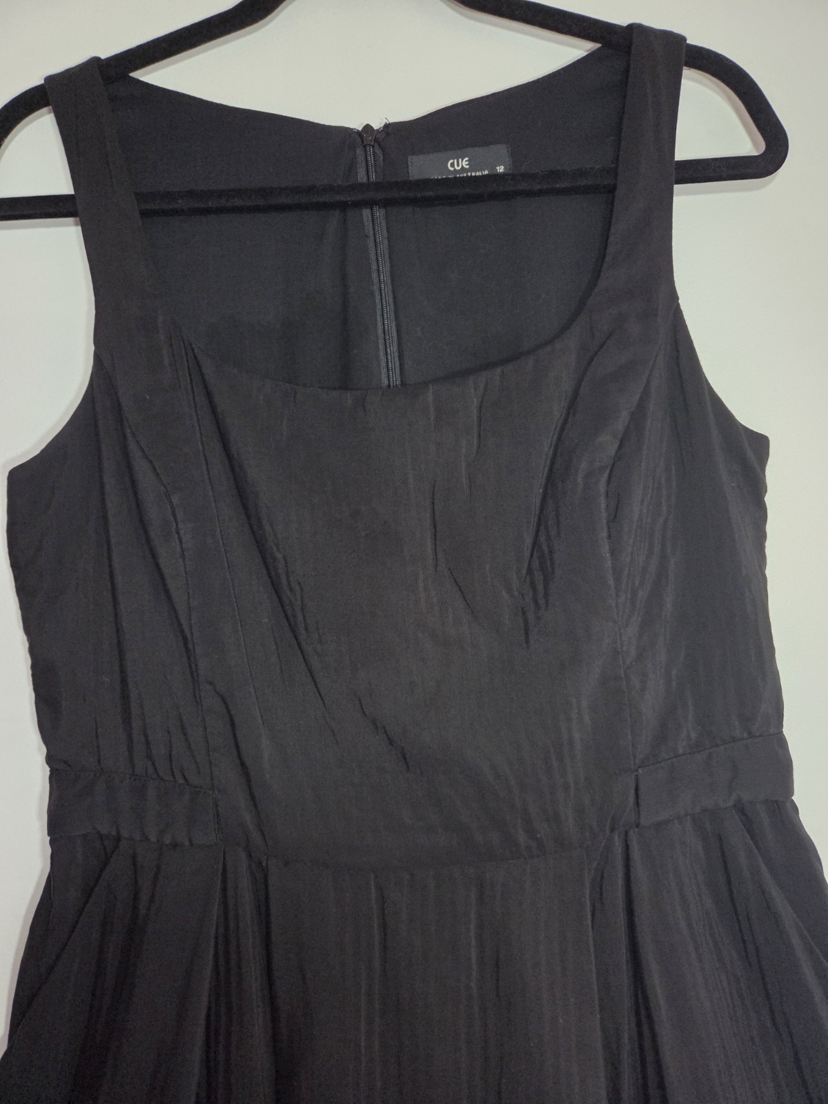 Cue Black Fit & Flare Square Neck Sleeveless Pleated Pockets Zip Dress 12