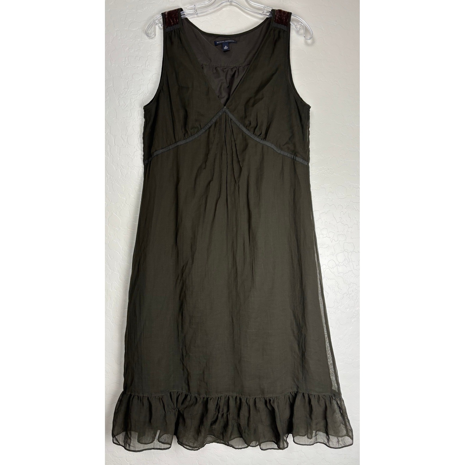 Banana Republic Olive Green V-Neck Ruffle Hem Midi Dress Velvet Trim 12 2403