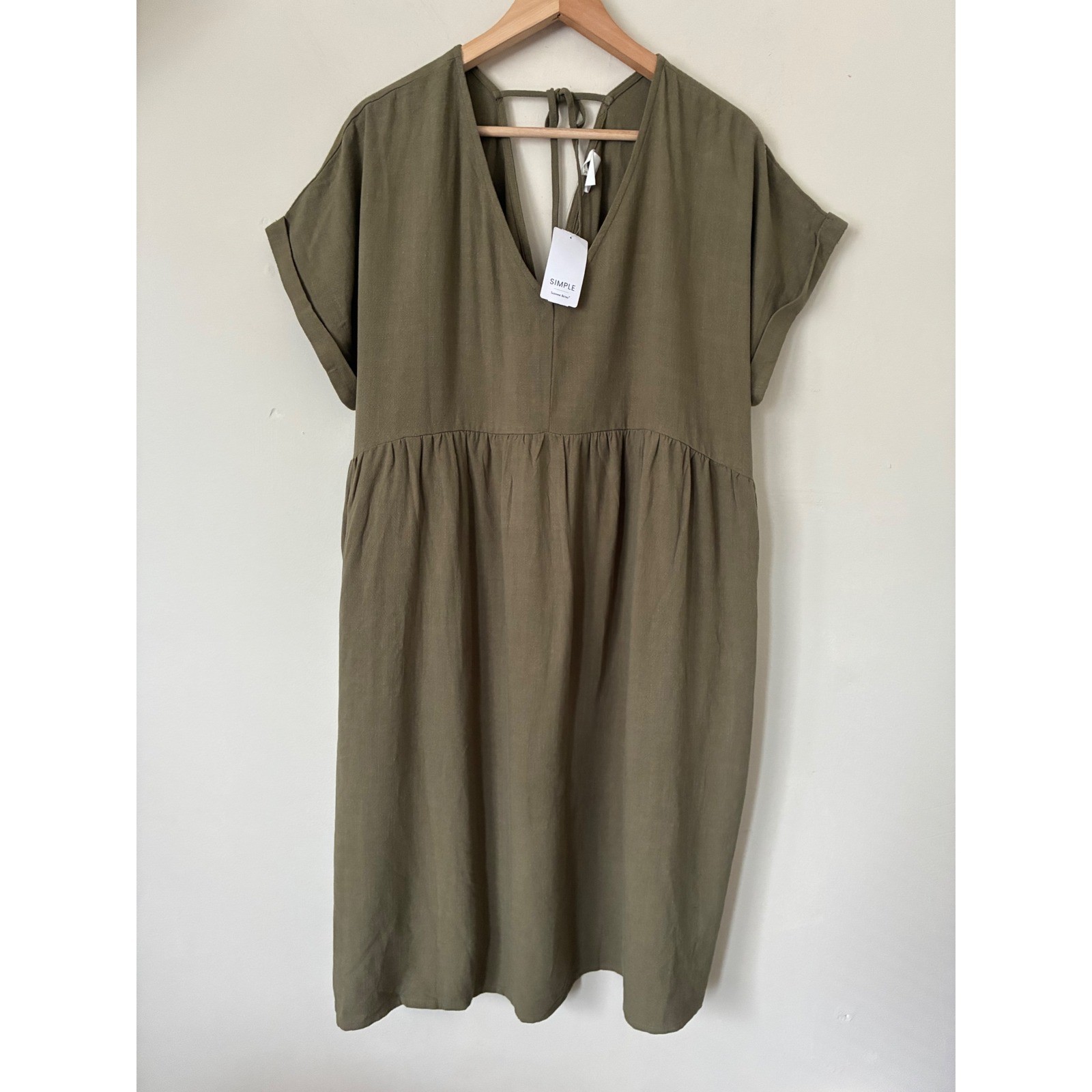 Suzanne Betro Simple Olive Green Linen Blend V-Neck Empire Waist Midi Dress 3X