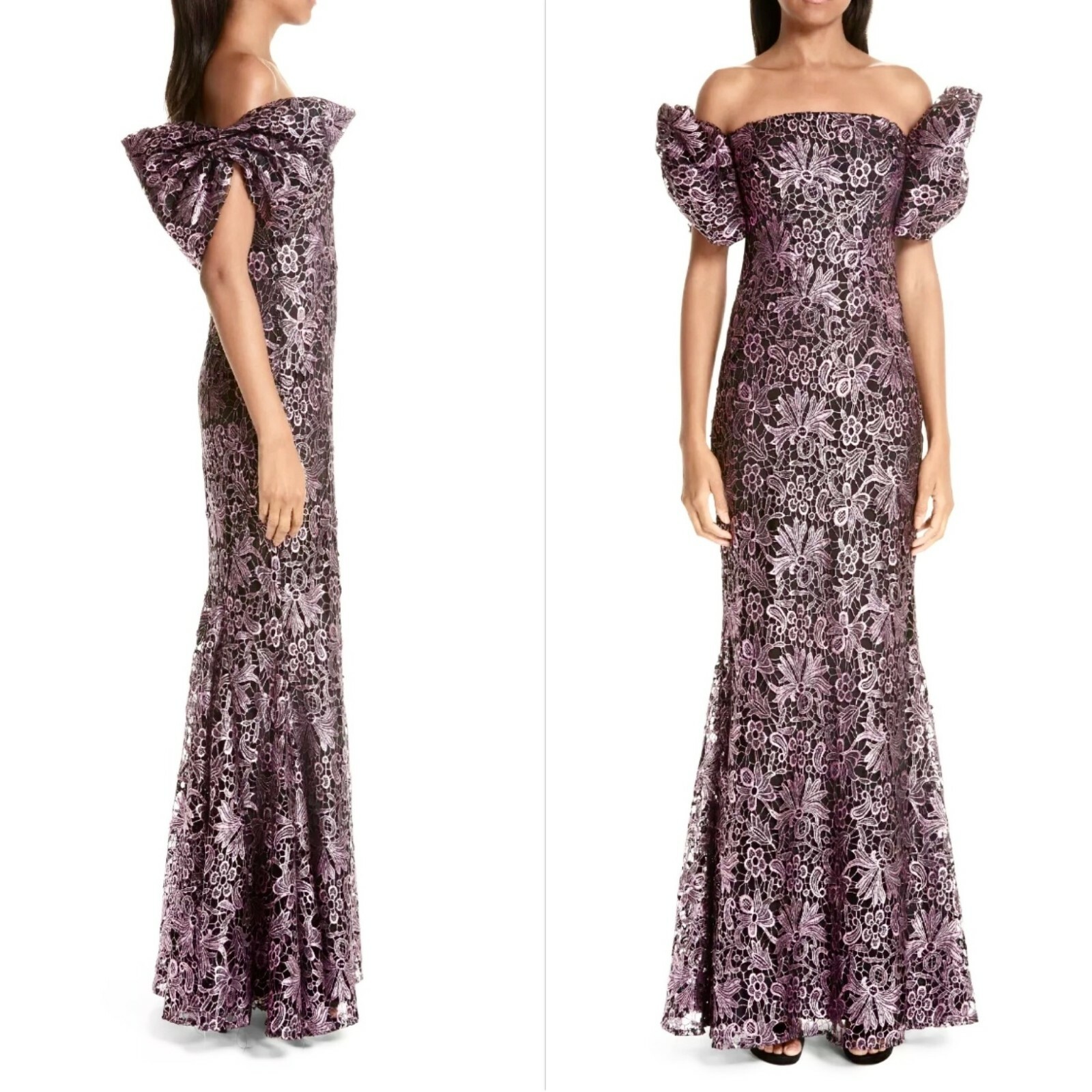 ZAC POSEN Pink Metallic Embroidered Guipure Lace Off Shoulder Bow Maxi Gown 6 S