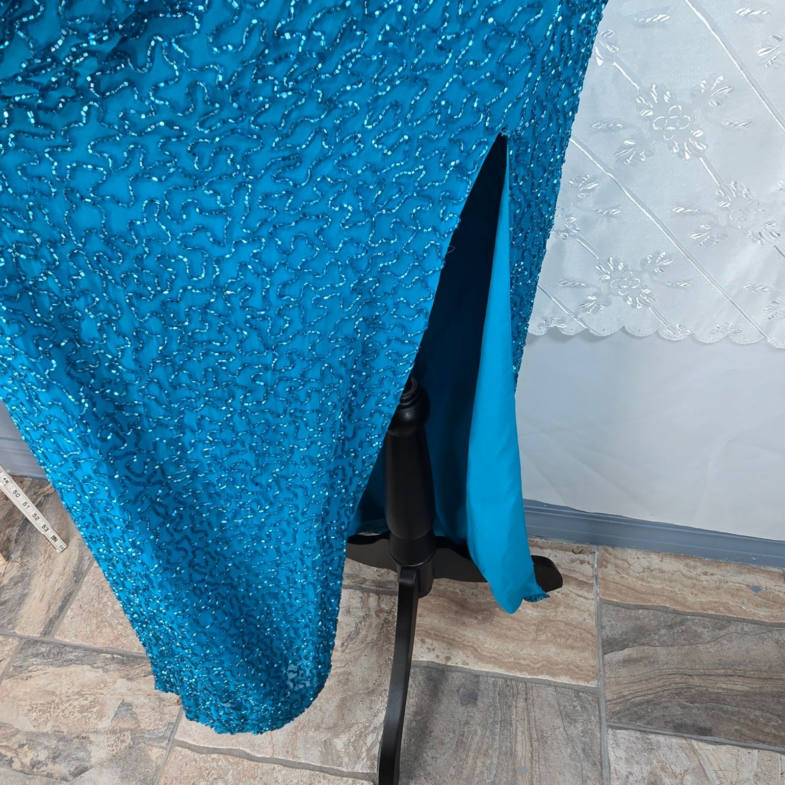 Sean X-Press Teal Blue Beaded Silk Halter V-Neck Maxi Evening Gown Dress Large